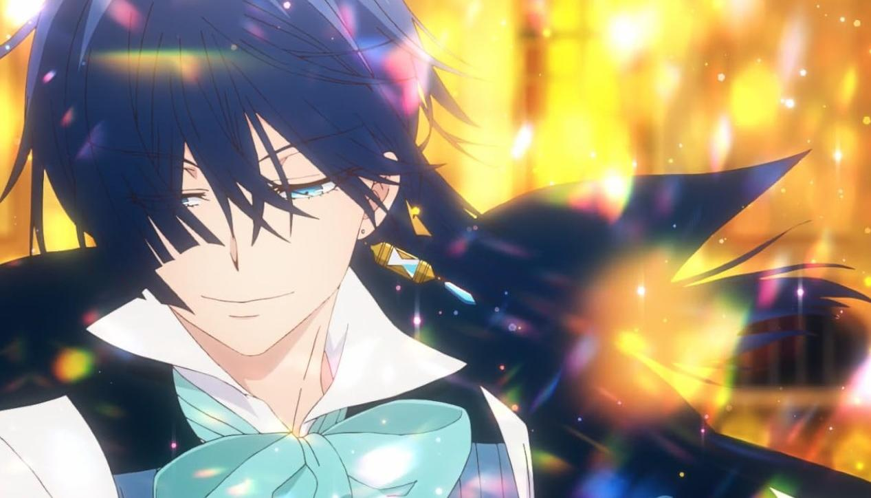 Ein Anime-Charakter mit dunklem Haar, blauen Augen und einem hellblauen Halstuch.