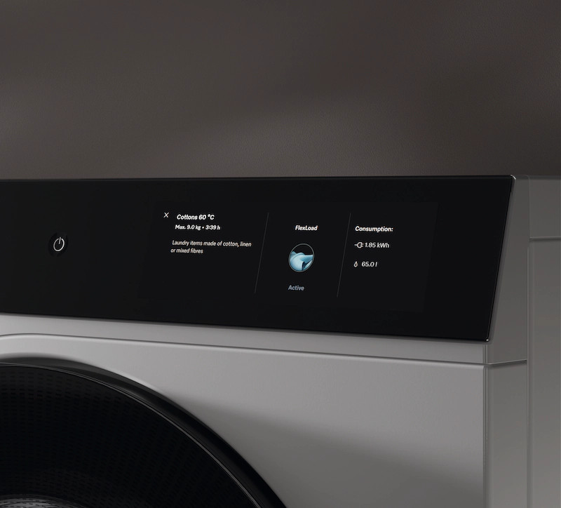 Wyświetlacz pralki: "Bawełna 60°C", 9kg, 3:39h, FlexLoad, 1.85 kWh, 65.01.