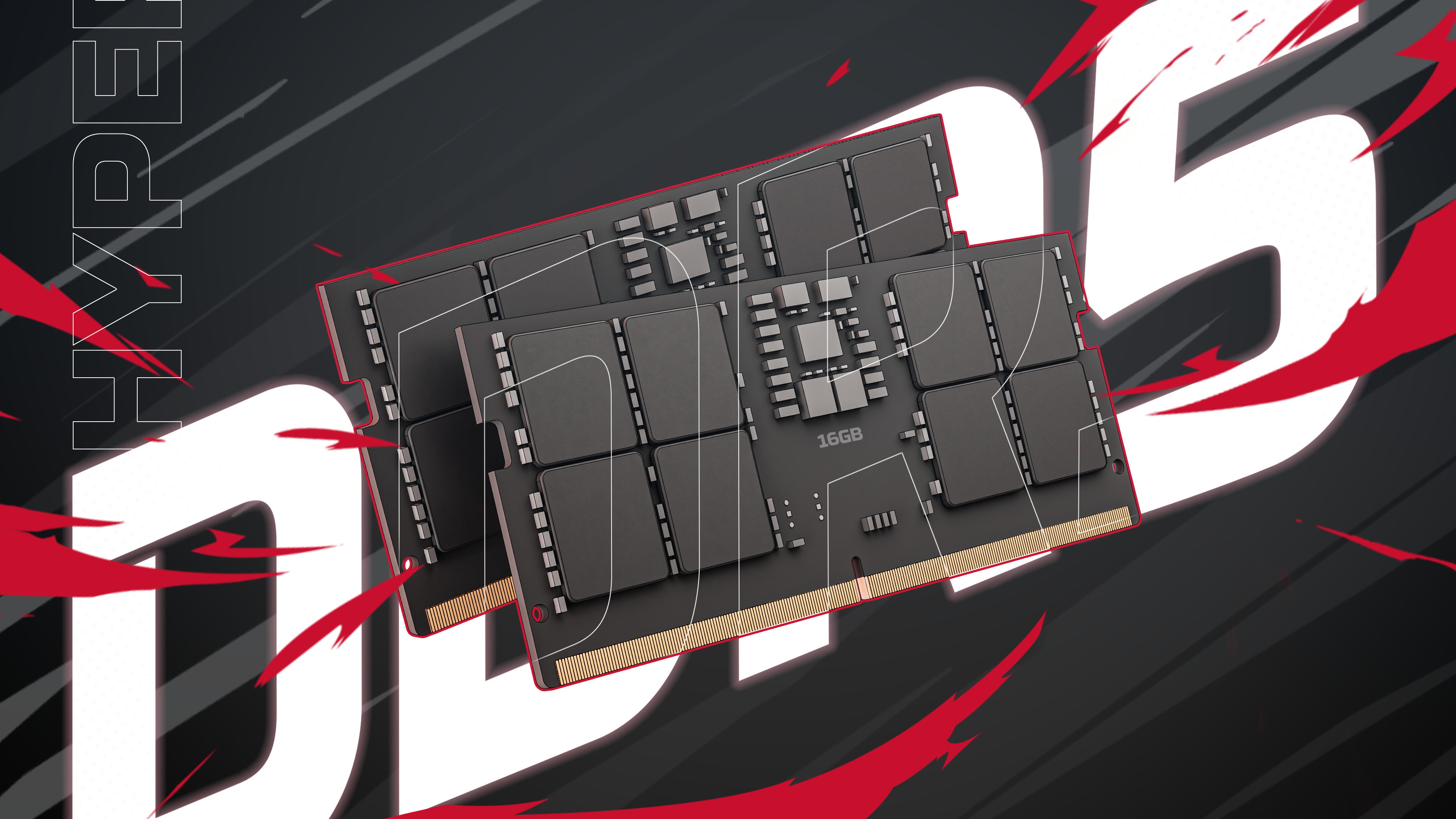 Dwa moduły RAM DDR5 16 GB na ciemnym tle z czerwonymi akcentami.