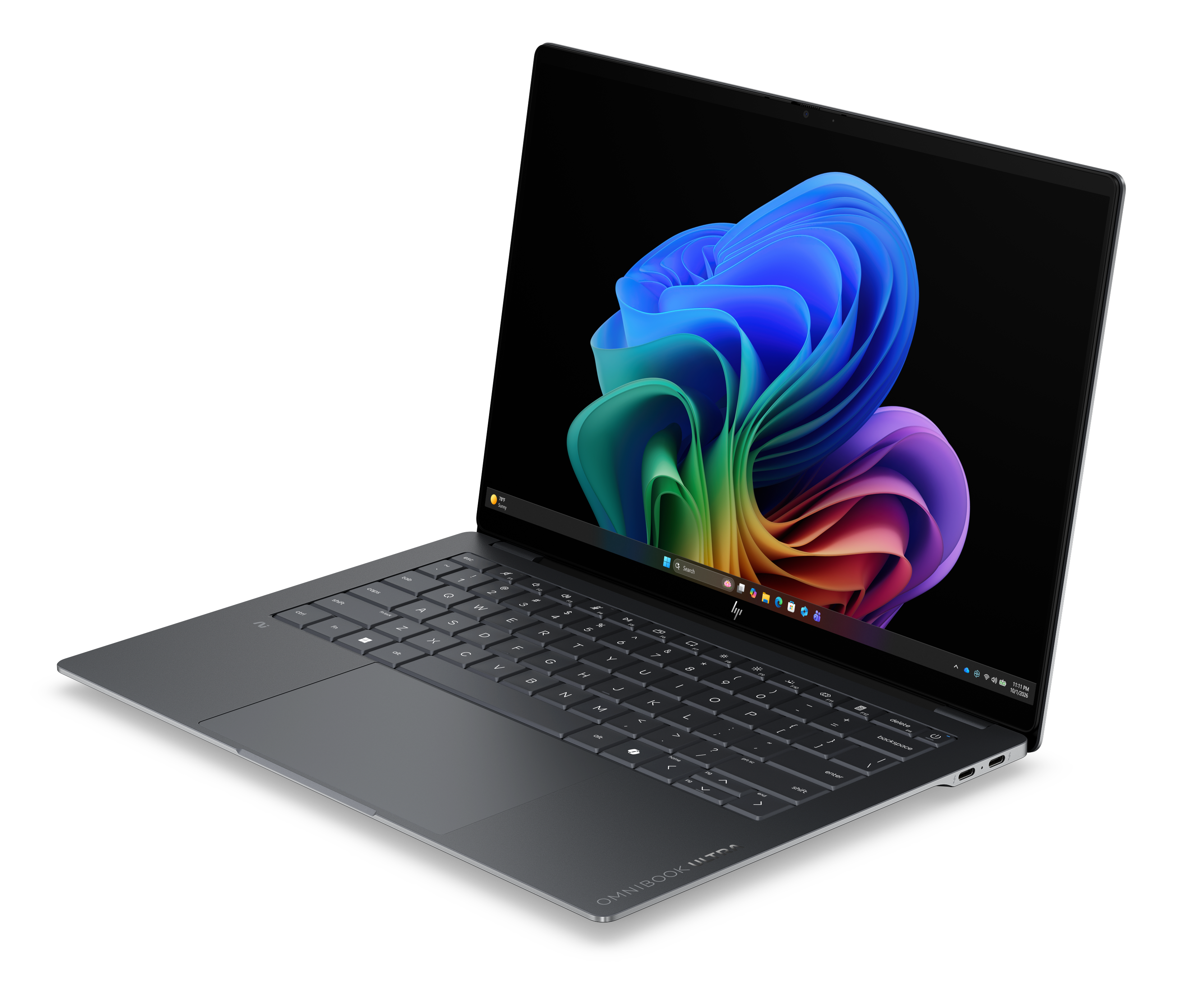 Szary laptop HP Omnibook Ultra wyświetla kolorową tapetę systemu Windows.