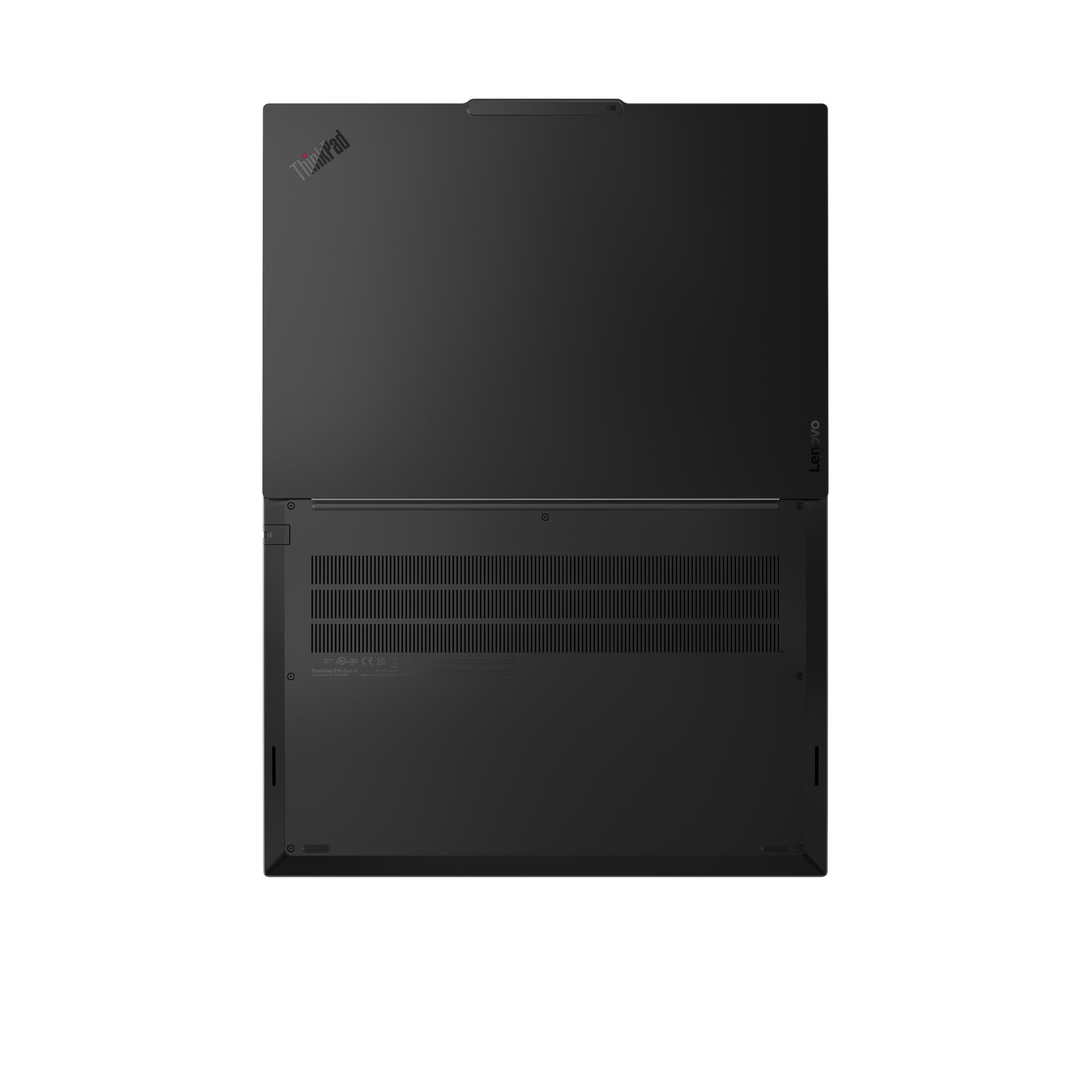 Schwarzer Laptop, offen, mit ThinkPad-Logo auf dem Deckel und Lüftungsschlitzen unten.