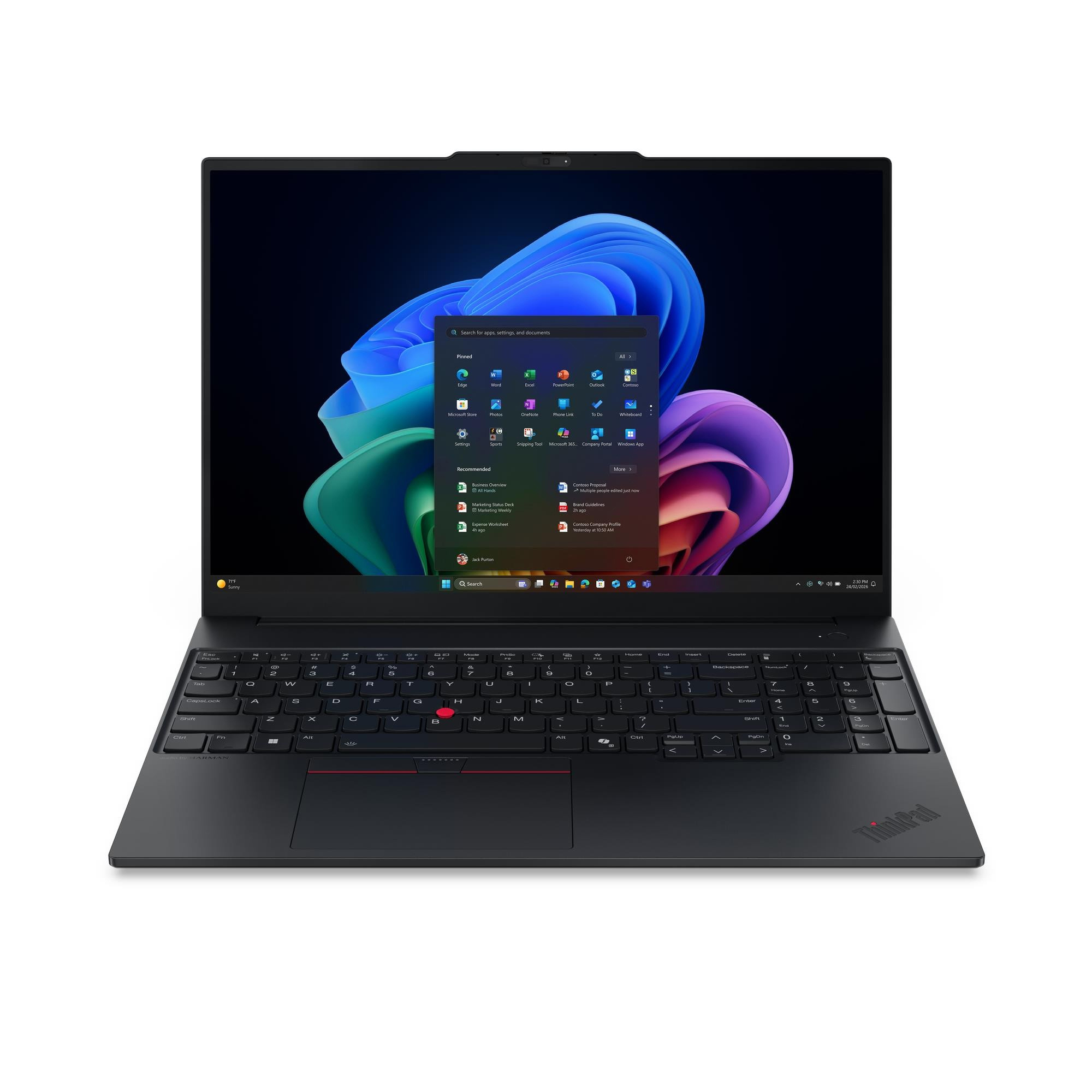 Ein offener schwarzer Laptop mit Windows 11 und einer bunten Hintergrundgrafik.