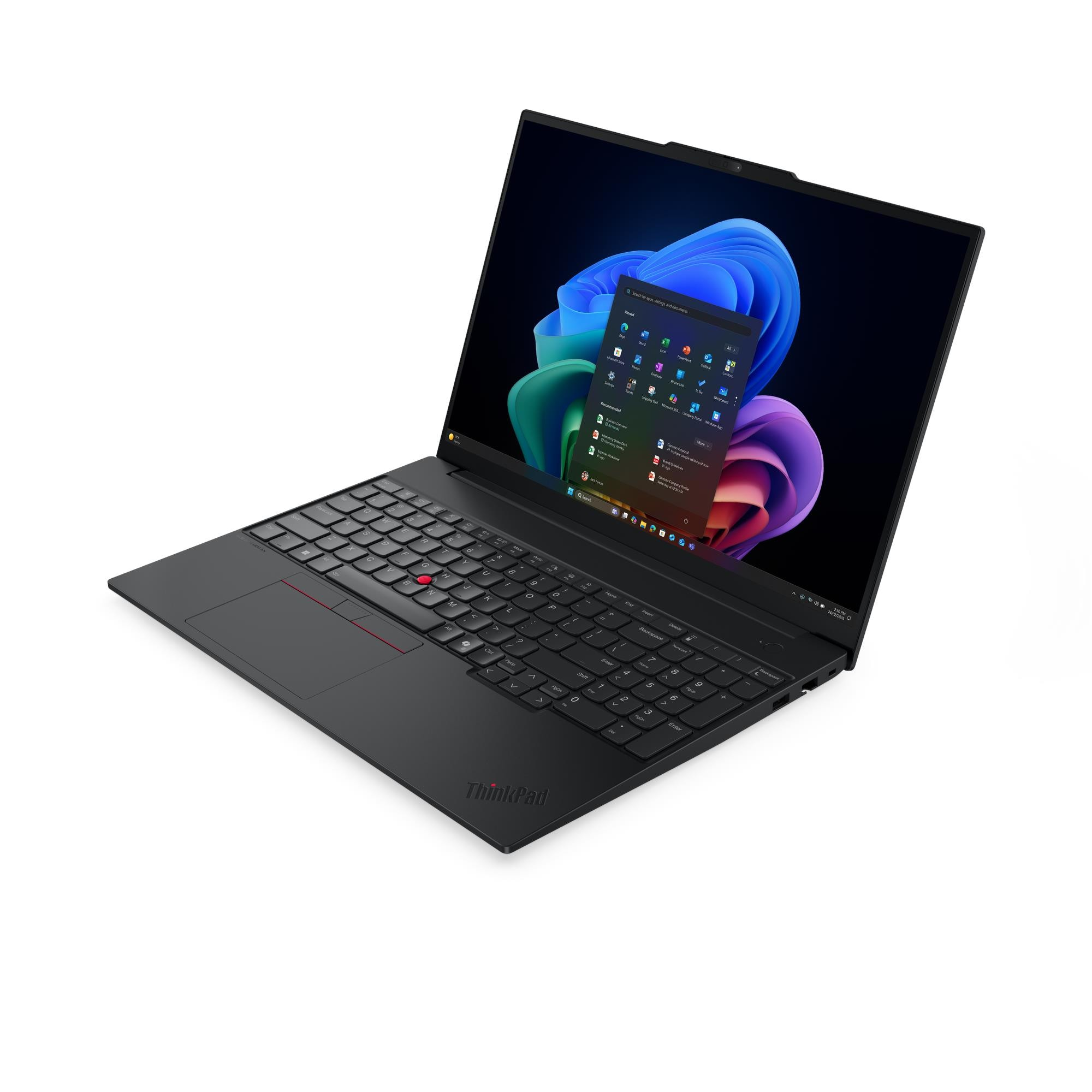 Ein schwarzer Lenovo ThinkPad Laptop mit beleuchtetem Bildschirm und Tastatur.