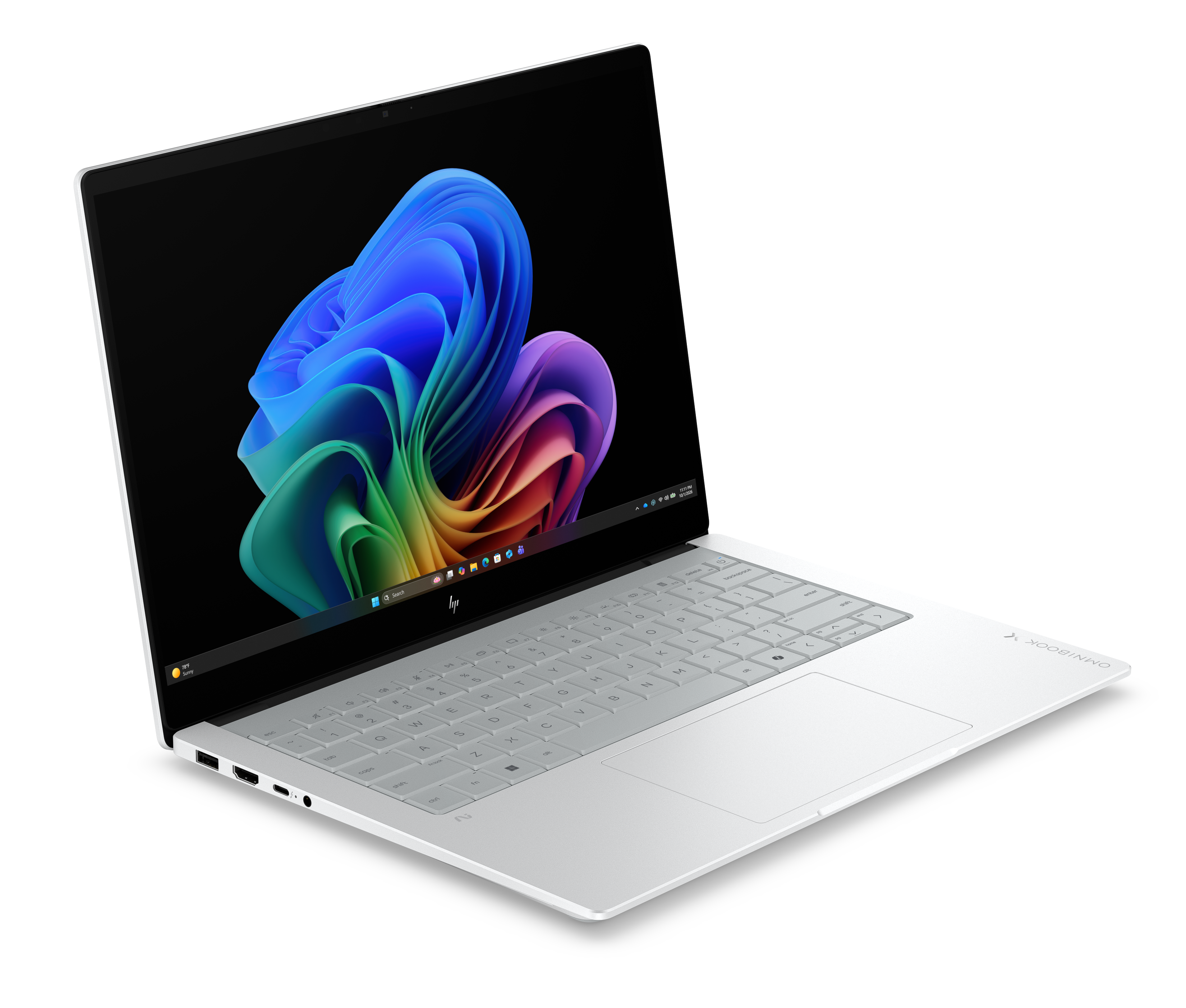 Otwarty biały laptop z kolorową tapetą na ekranie.