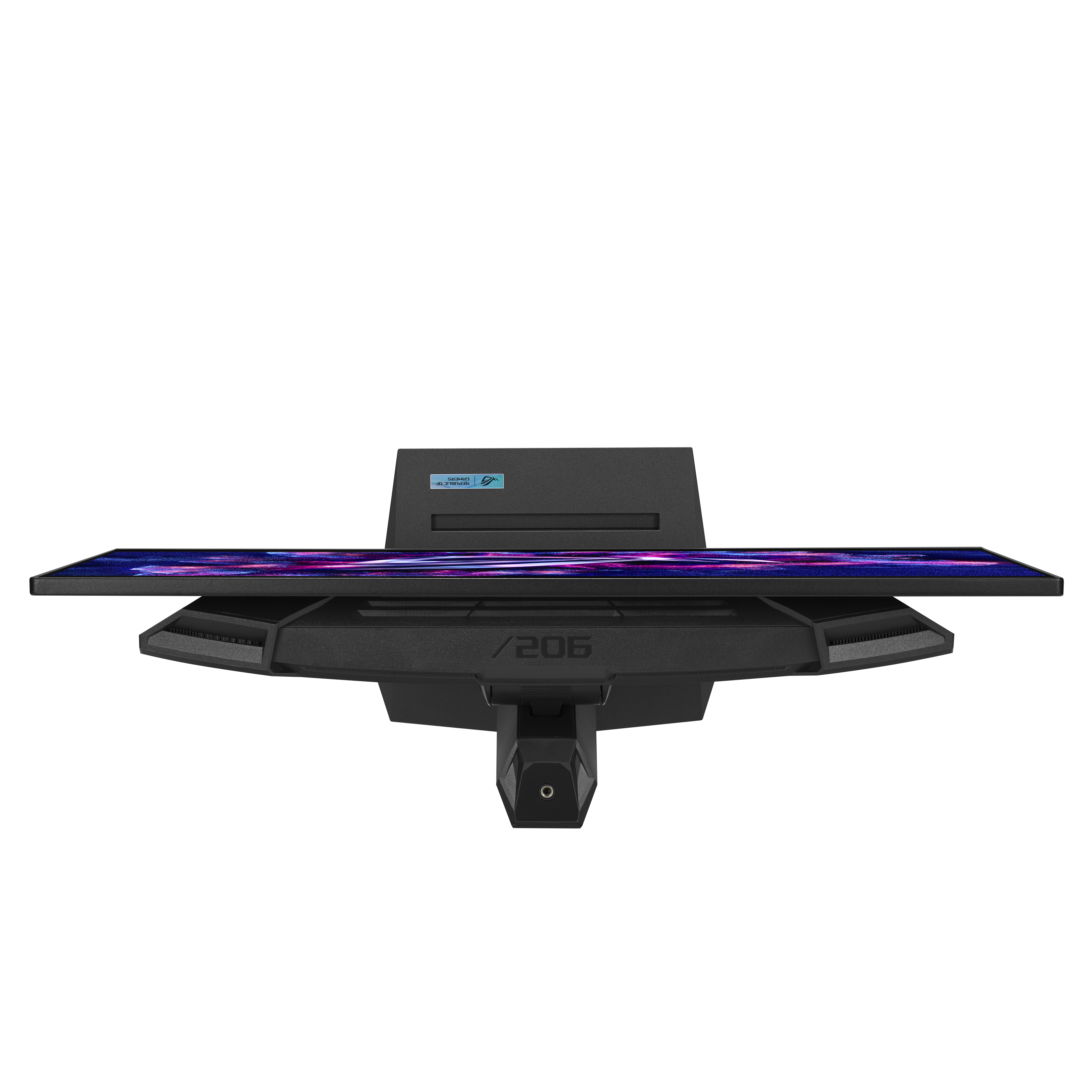 Ein schwarzer Computermonitor mit RGB-Beleuchtung auf dem Bildschirm und einem Logo auf dem Ständer.