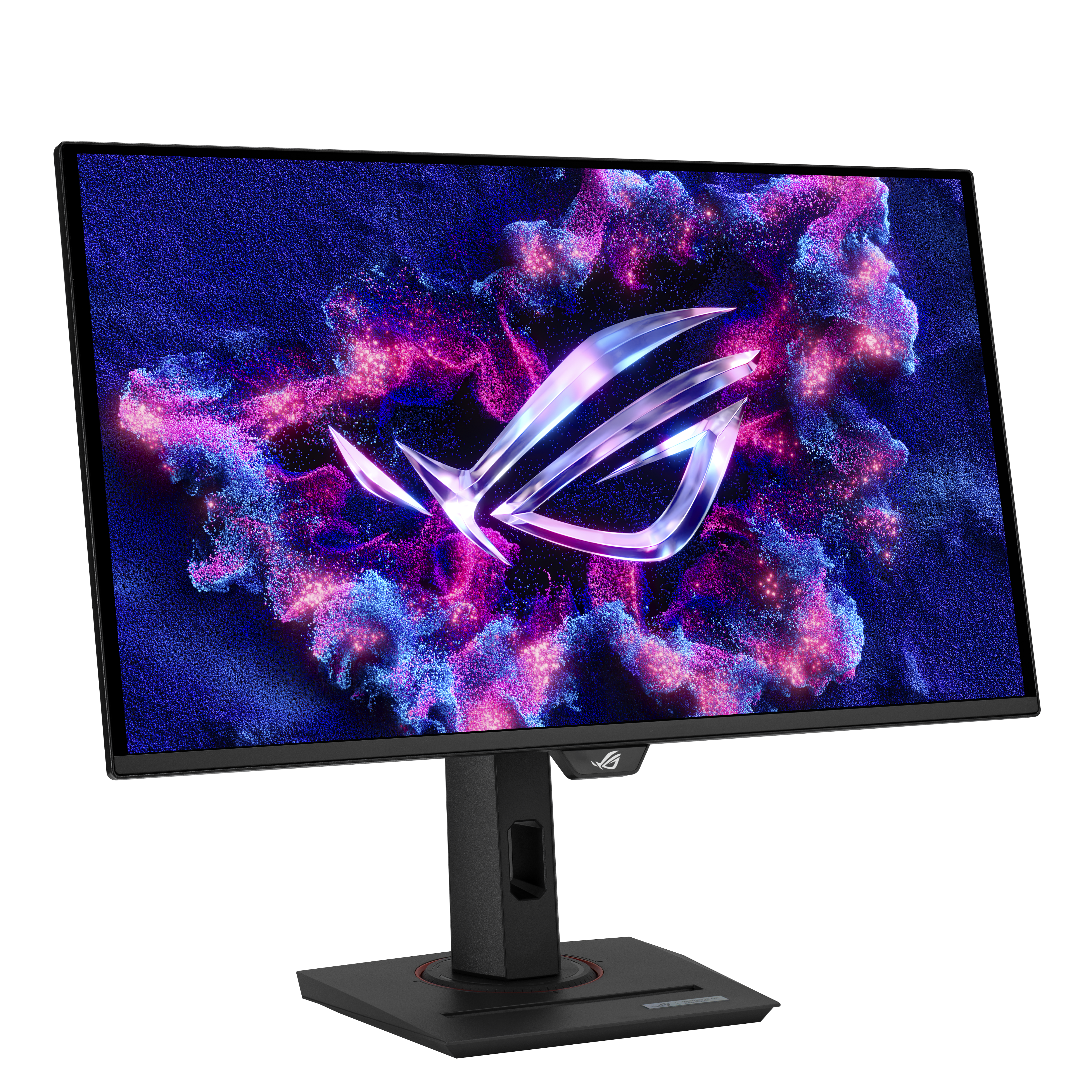Ein Gaming-Monitor mit dem ROG-Logo auf einem Hintergrund aus blauen und pinken Partikeln.