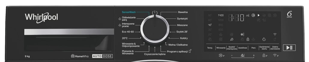 Czarna pralka Whirlpool z cyfrowym wyświetlaczem i pokrętłem sterującym.
