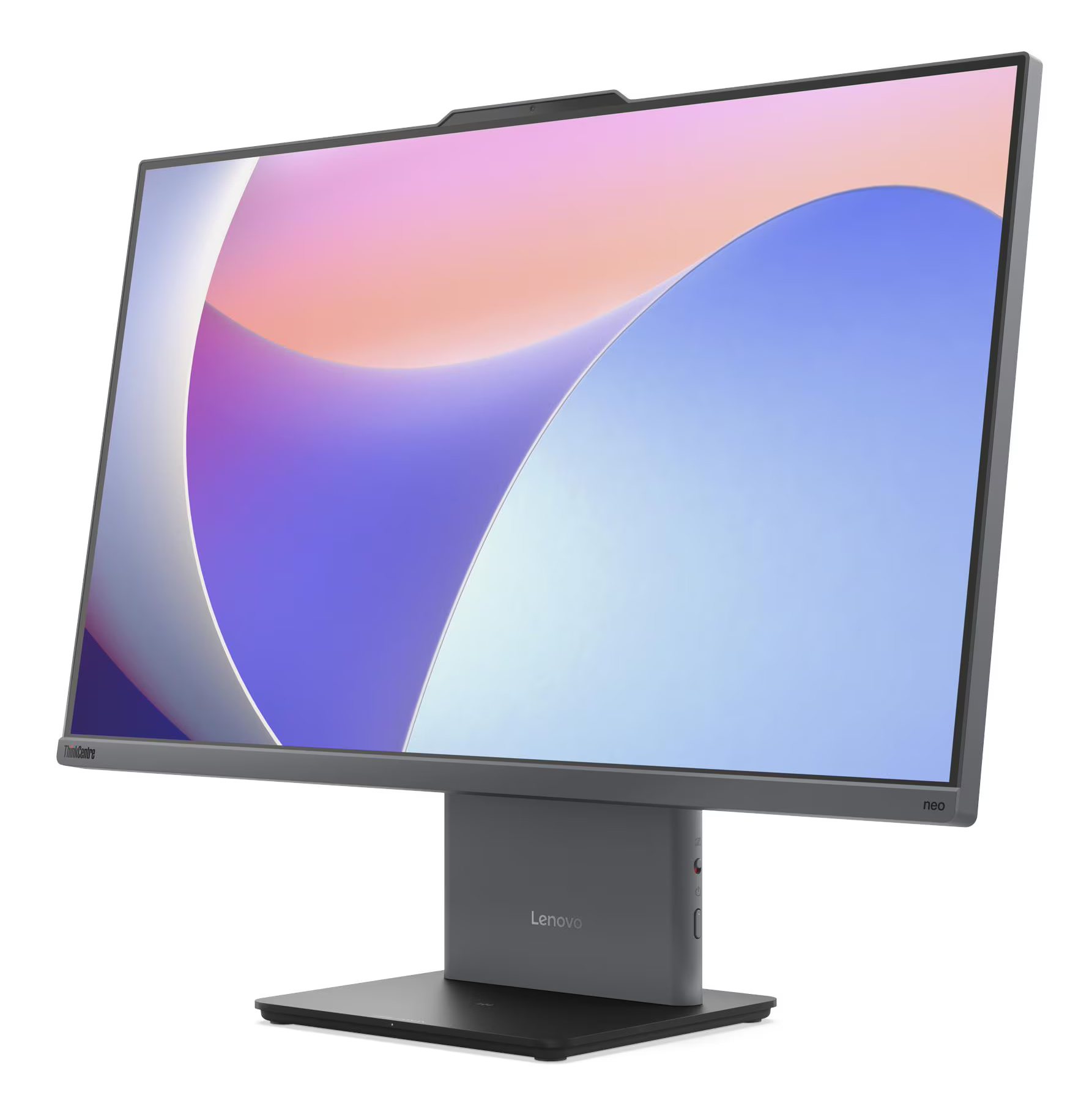 Szary monitor Lenovo z kolorową, abstrakcyjną tapetą.