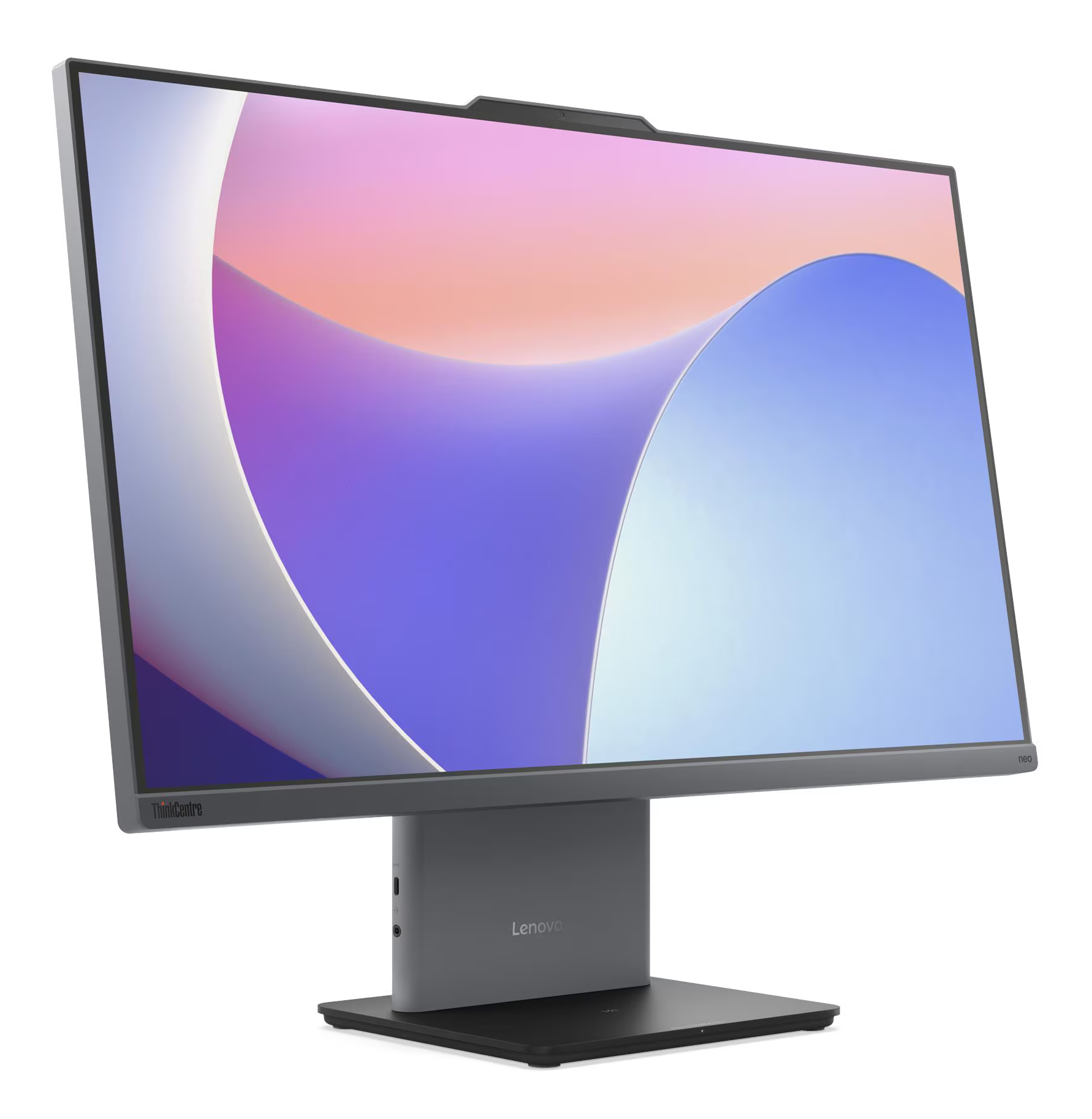 Nowoczesny szary komputer typu All-in-One Lenovo z ekranem z abstrakcyjnym wzorem.