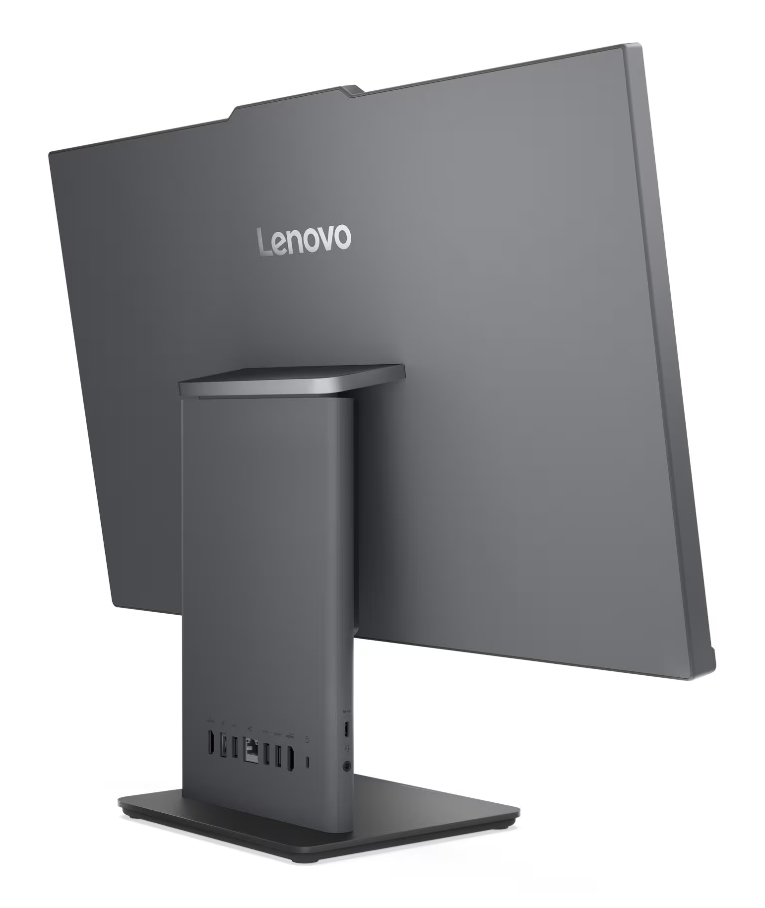 Szary komputer Lenovo all-in-one, widok z tyłu ze złączami i logo.
