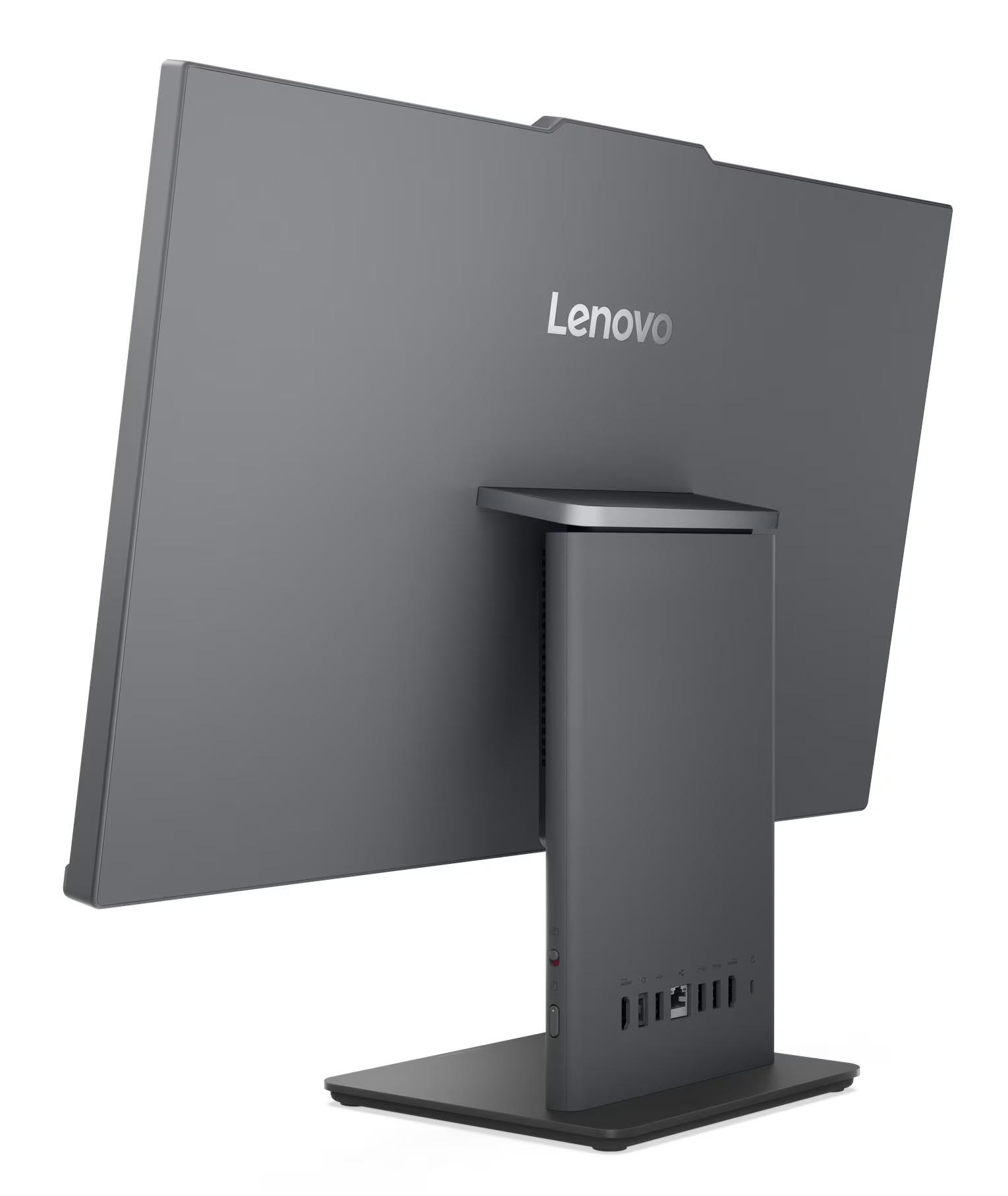 Tył szarego komputera Lenovo All-in-One z portami.
