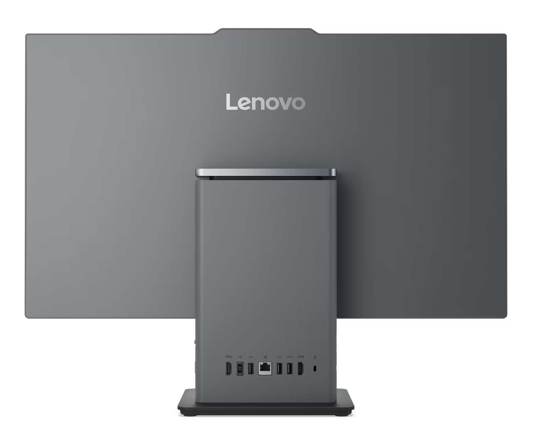 Widok z tyłu szarego komputera all-in-one Lenovo z portami.