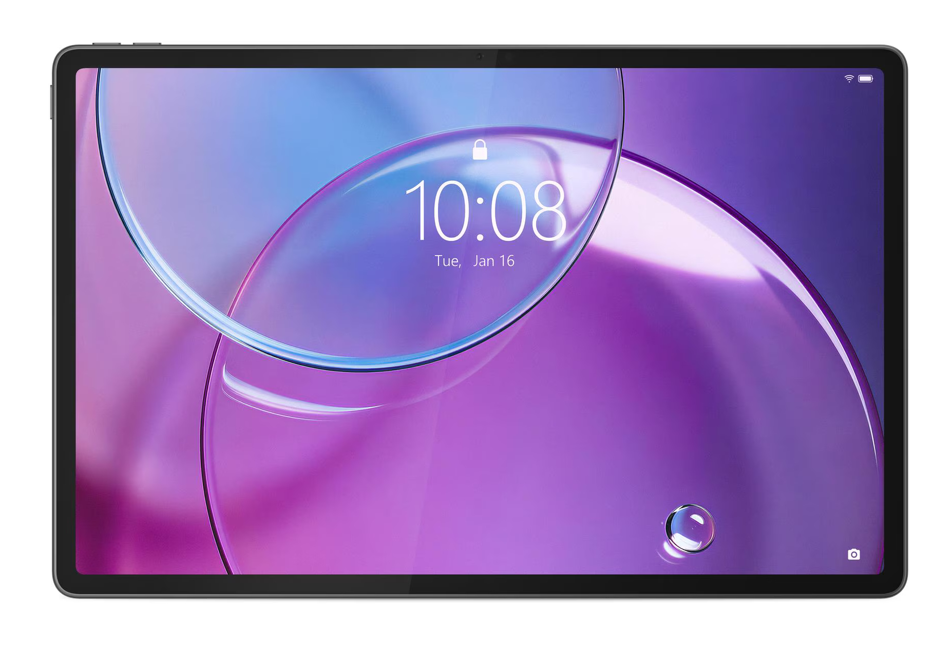 Tablet wyświetla 10:08, wtorek, 16 stycznia, na fioletowym tle.