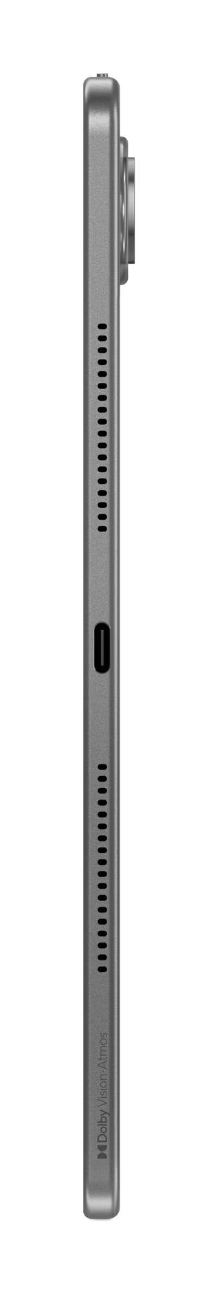 Szary tablet z aparatem i otworami głośnikowymi.
