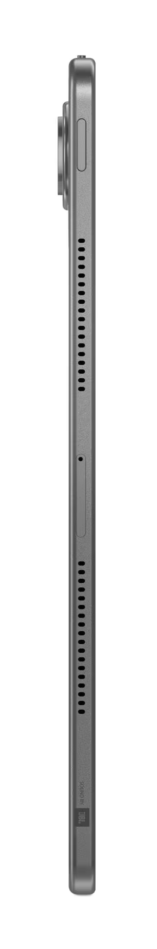 Szary tablet z boku, z obiektywem kamery i kratkami głośników.