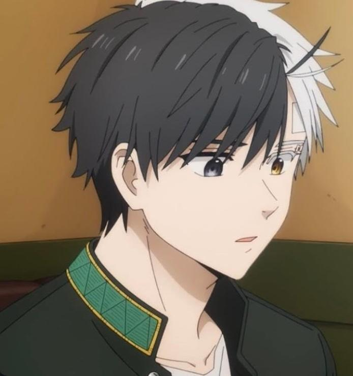 Ein Anime-Junge mit zweifarbigem Haar, der nach rechts blickt.