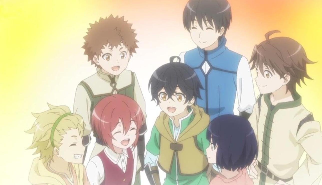 Anime-Gruppe von Kindern mit bunten Haaren und Kleidung, die lächeln.