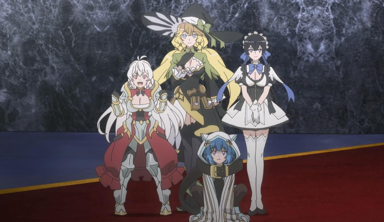 Vier anime-Charaktere stehen im Vordergrund, zwei vorne, zwei hinten. Dunkler Hintergrund.