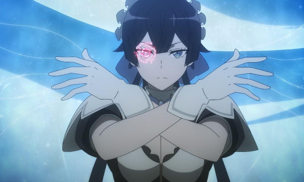 Anime-Figur mit dunklem Haar, die ihre Arme vor sich gekreuzt hat.