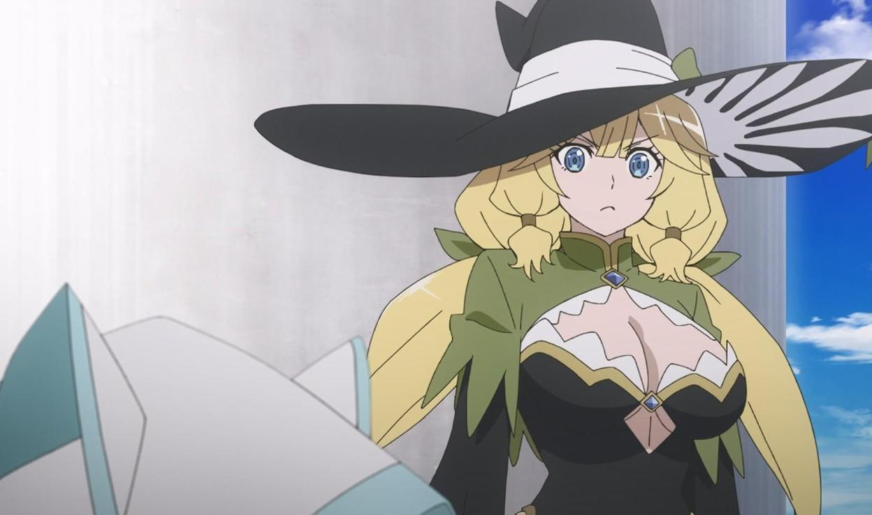 Eine Anime-Figur mit blonden Haaren, blauen Augen und einem großen schwarzen Hut.