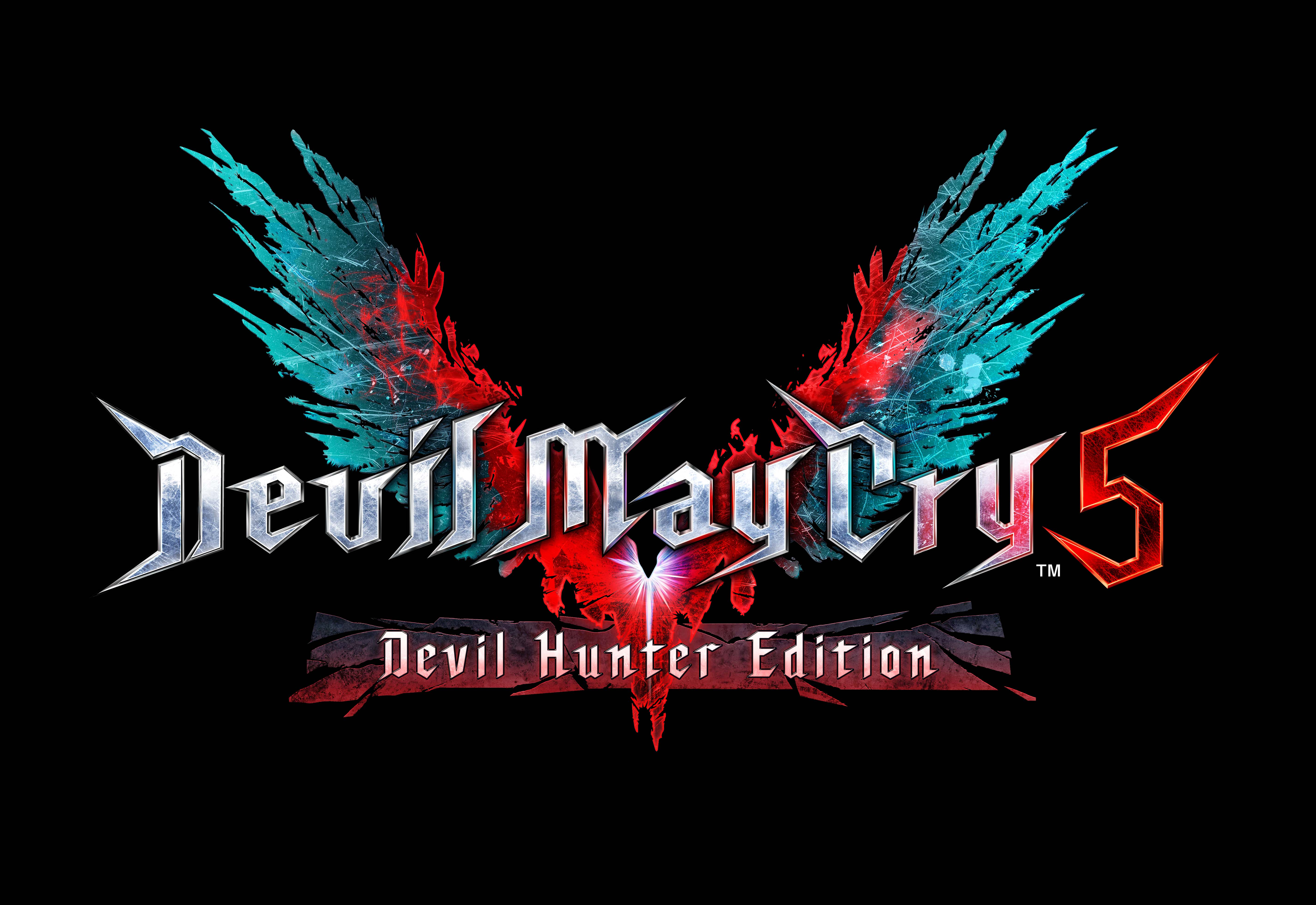 Devil May Cry 5 logosu, siyah arka plan üzerinde kırmızı ve mavi kanatlı.