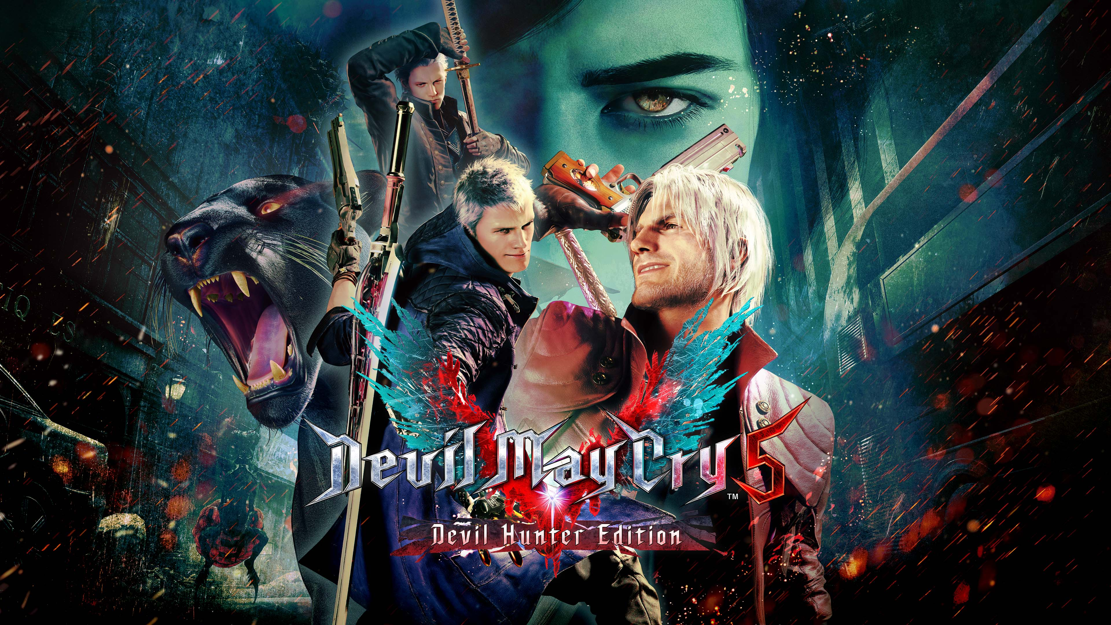 Devil May Cry 5: Dante, Nero, V ve koyu arka plan üzerinde bir panter.