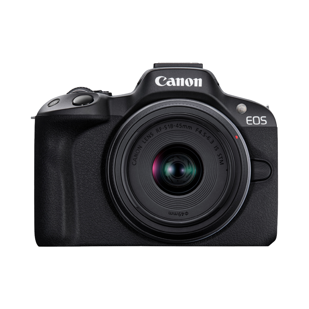 Siyah Canon EOS fotoğraf makinesi RF-S 18-45mm lens, ön görünüm.