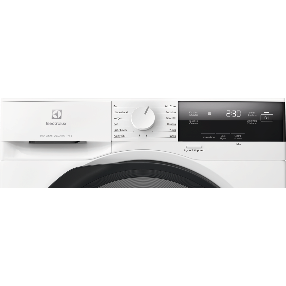 Dijital ekranlı ve program seçme düğmeli beyaz Electrolux kurutma makinesi.