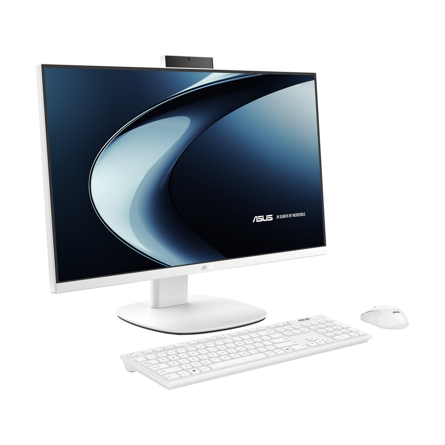 Un computer all-in-one bianco con tastiera e mouse su sfondo bianco.