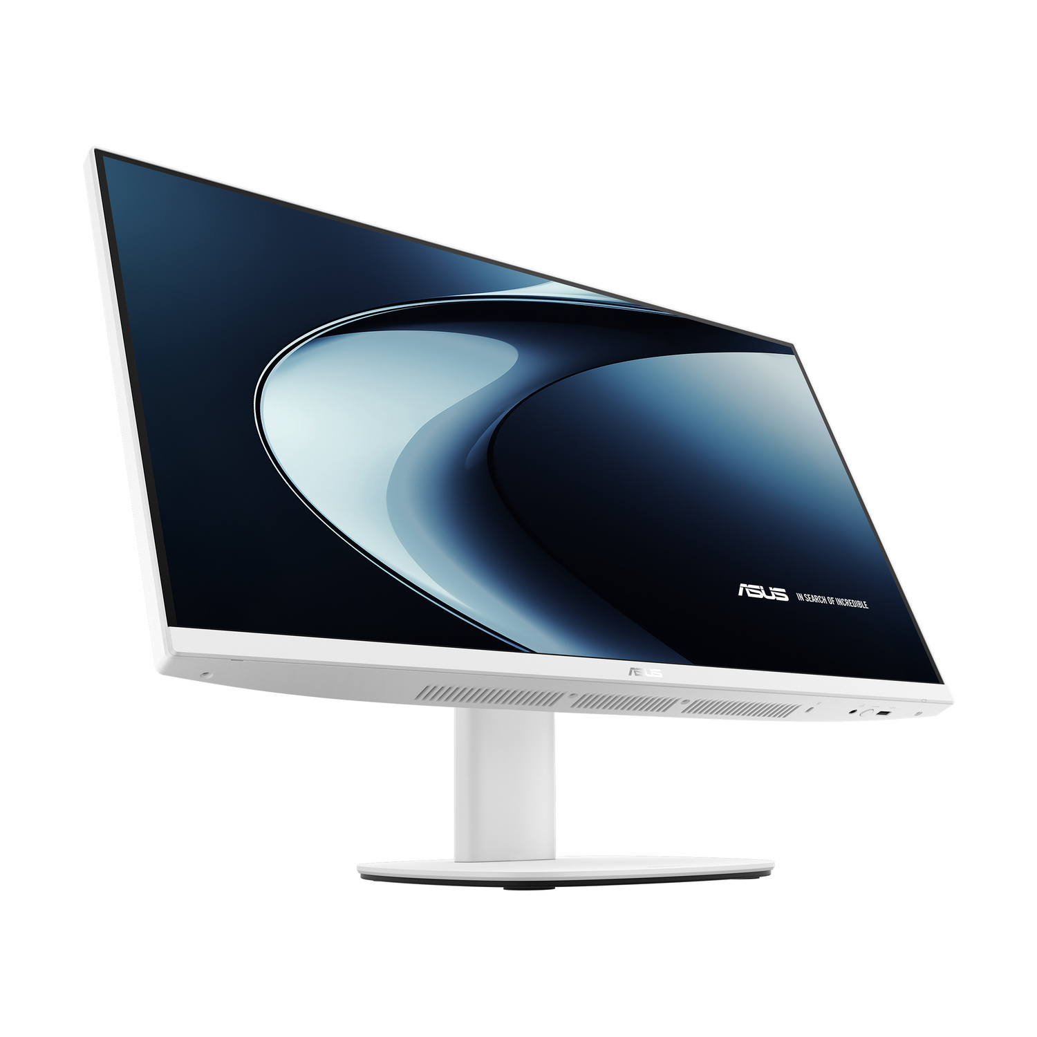 Un monitor bianco con un design blu astratto sullo schermo.