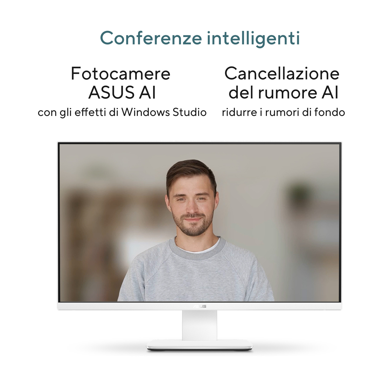 Un uomo sorride su un monitor bianco con fotocamere ASUS AI e cancellazione del rumore.