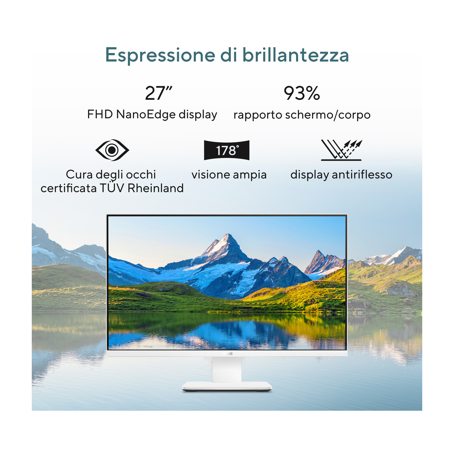 Display FHD NanoEdge da 27" con lago di montagna e cime.