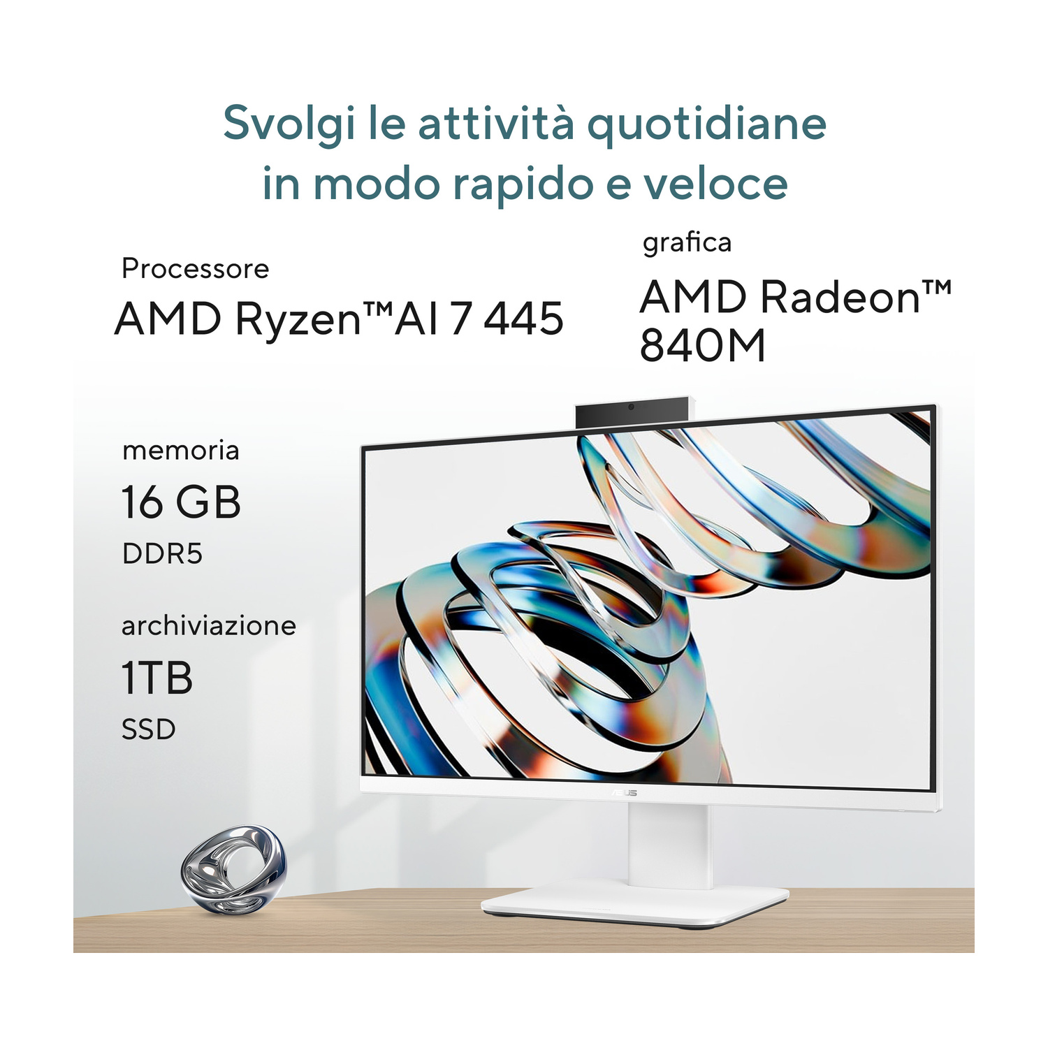PC all-in-one bianco con AMD Ryzen AI 7 445, grafica Radeon 840M, 16GB DDR5 RAM, SSD da 1TB.