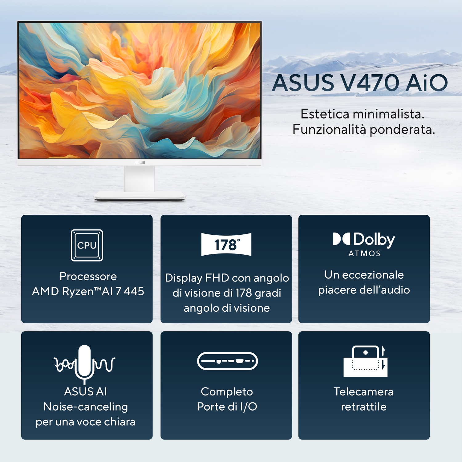 ASUS V470 AiO con display colorato, processore AMD Ryzen, Dolby Atmos, visione 178°.