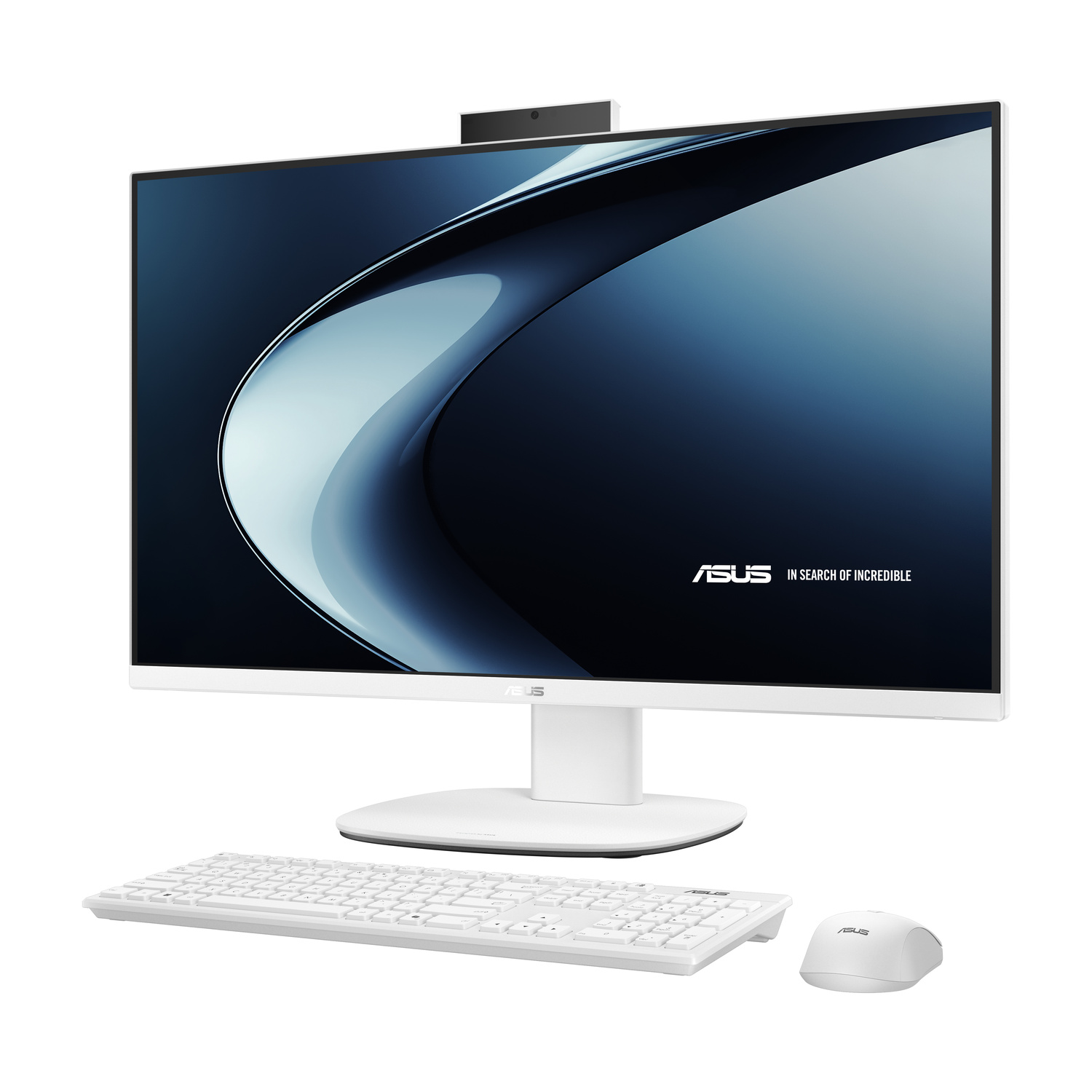 Un computer all-in-one Asus bianco con tastiera e mouse.