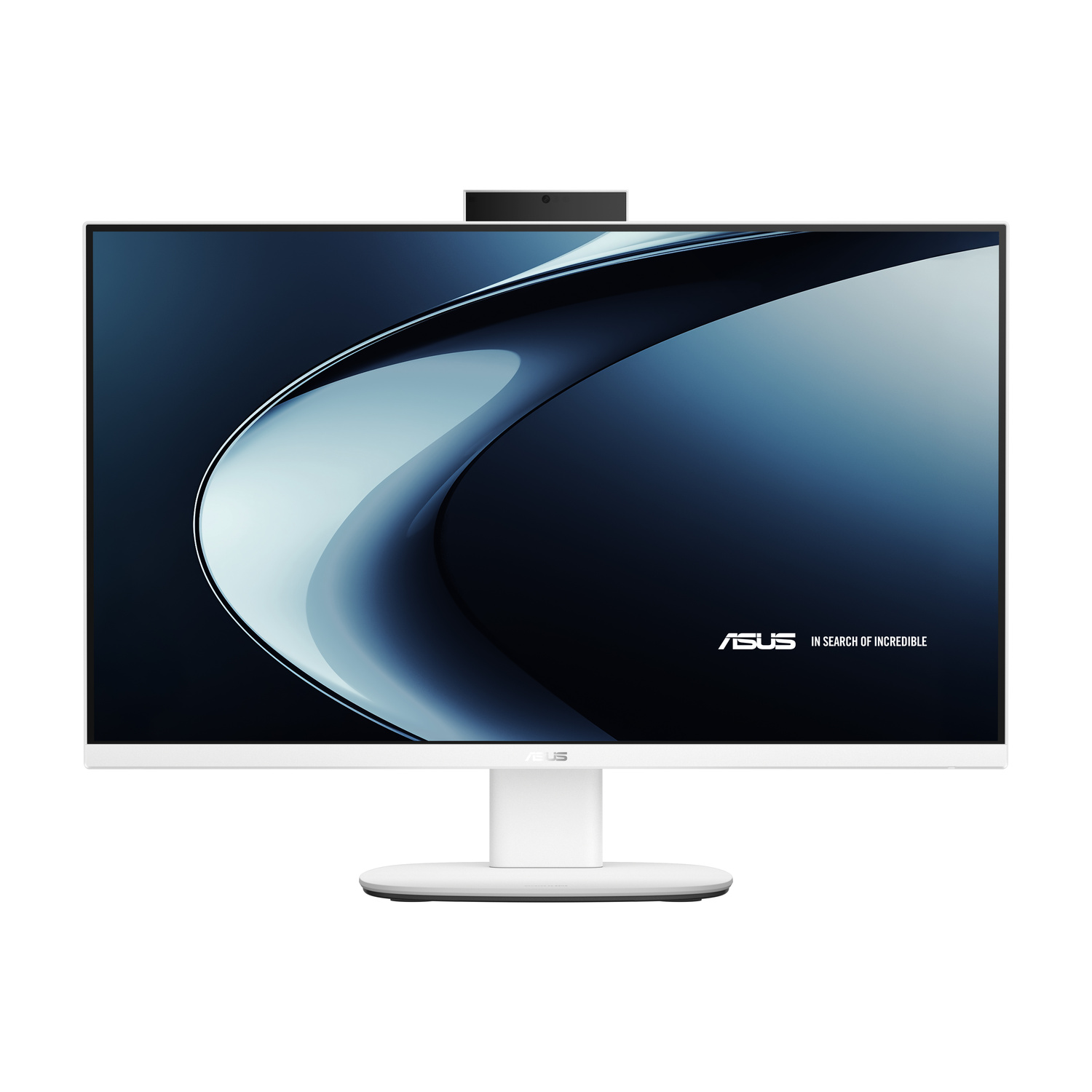 Un PC all-in-one Asus bianco con una fotocamera sopra il monitor.