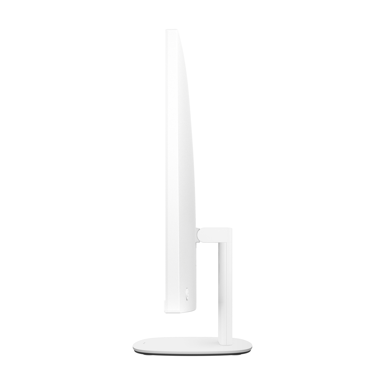 Un monitor bianco poggia su una base rotonda, visto di lato.