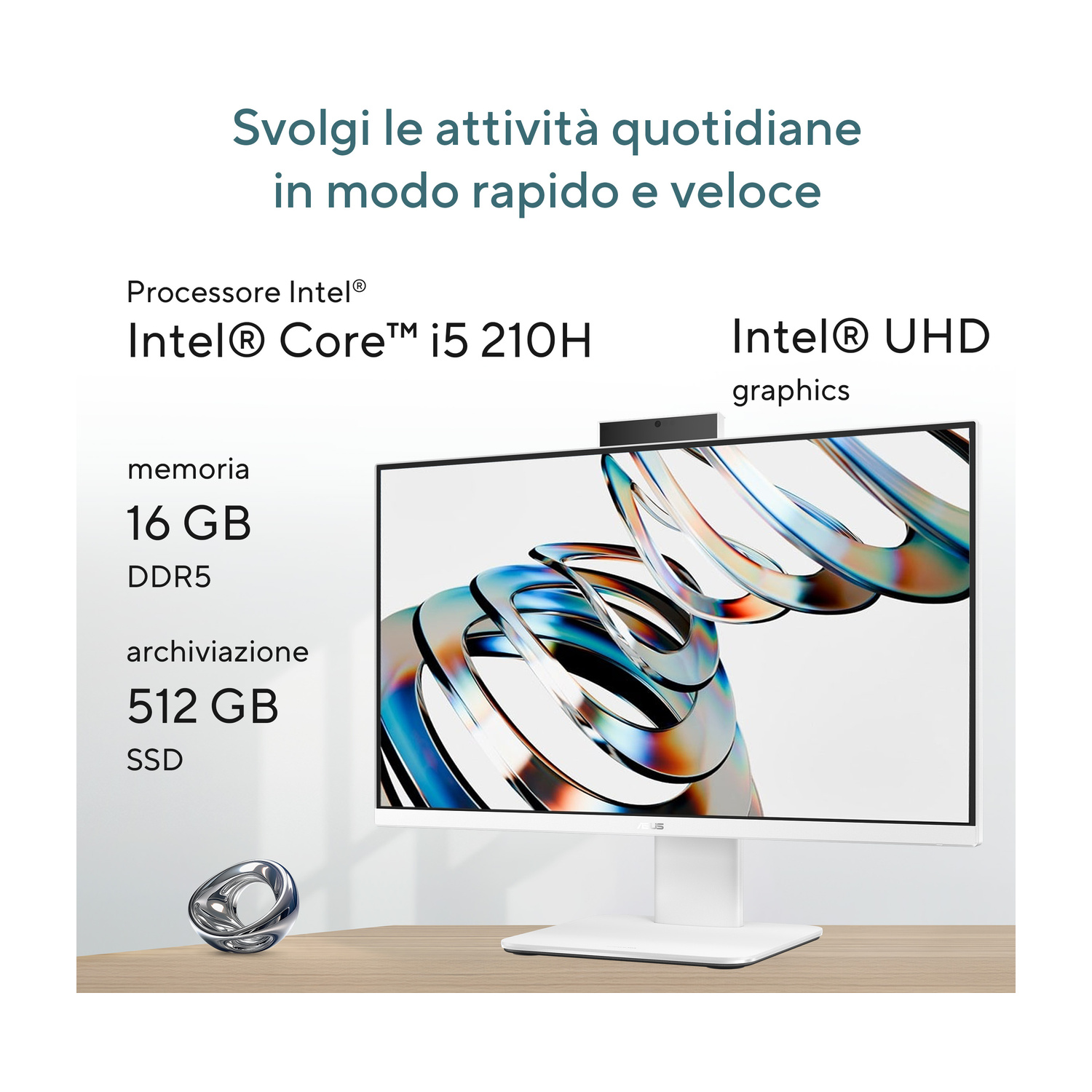 Un PC All-in-One bianco con Intel Core i5 210H, 16 GB RAM DDR5 e 512 GB SSD.