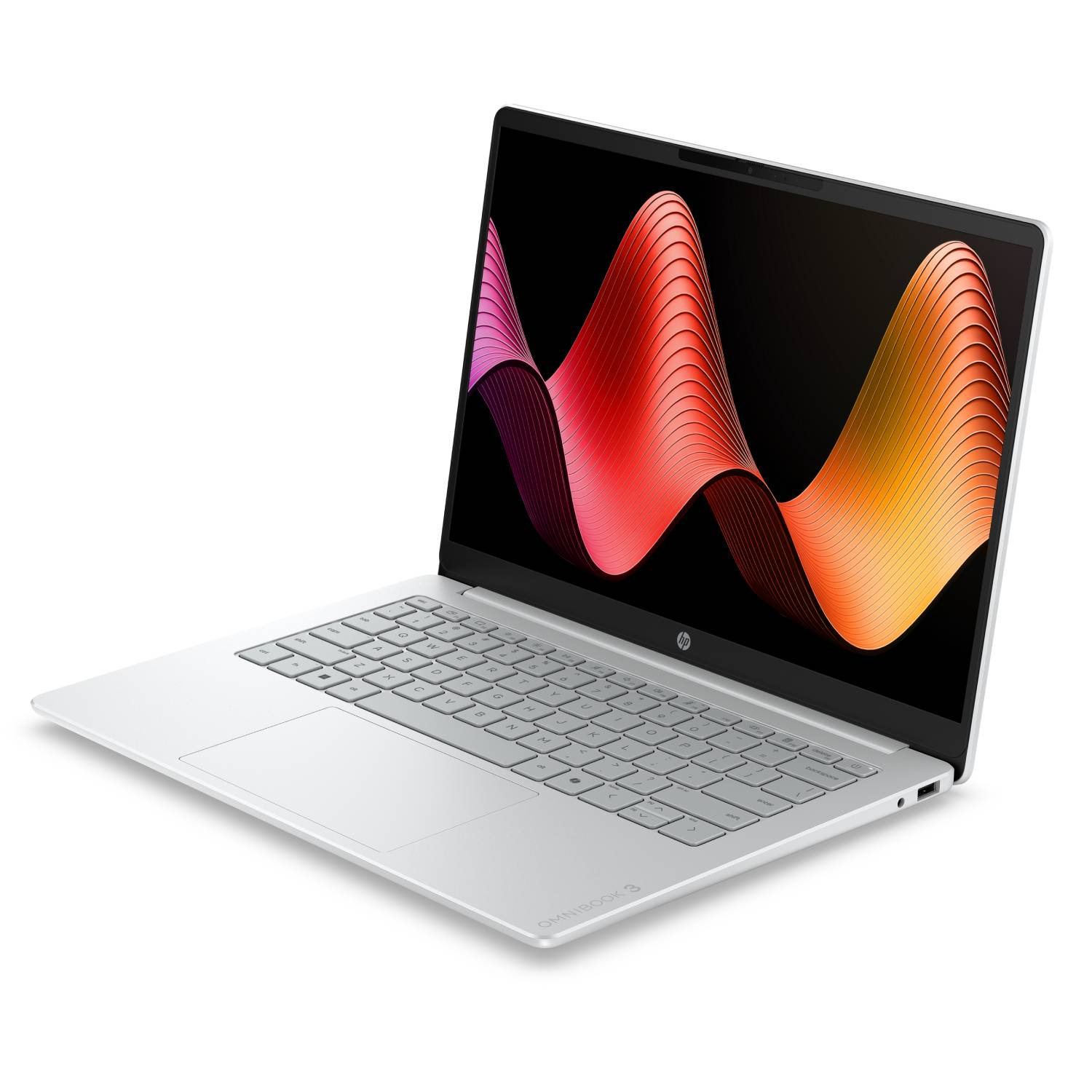 Un portátil HP Omnibook 3 plateado con un patrón de ondas de colores en la pantalla.