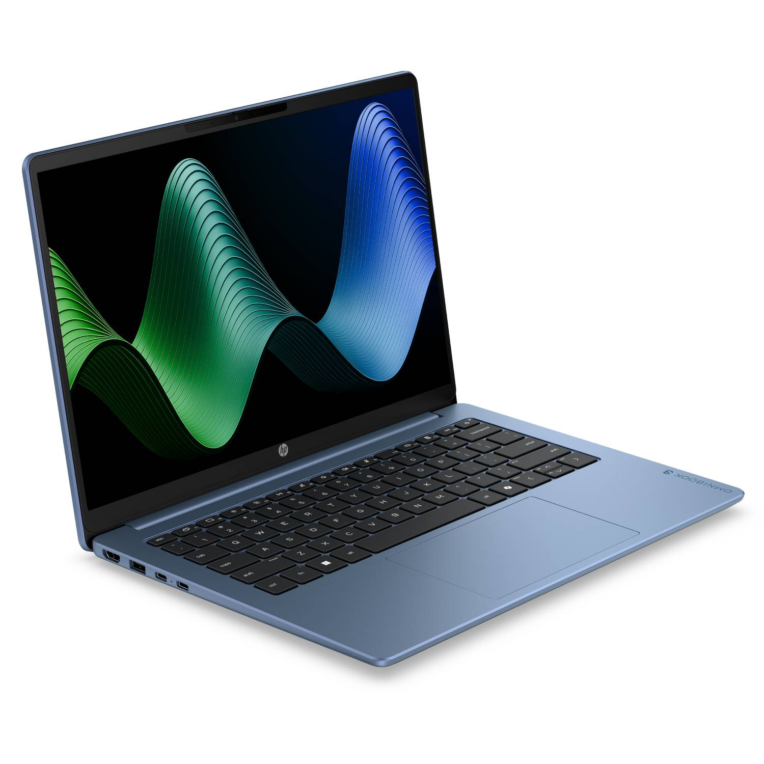 Un portátil HP azul con fondo ondulado verde y azul en la pantalla.