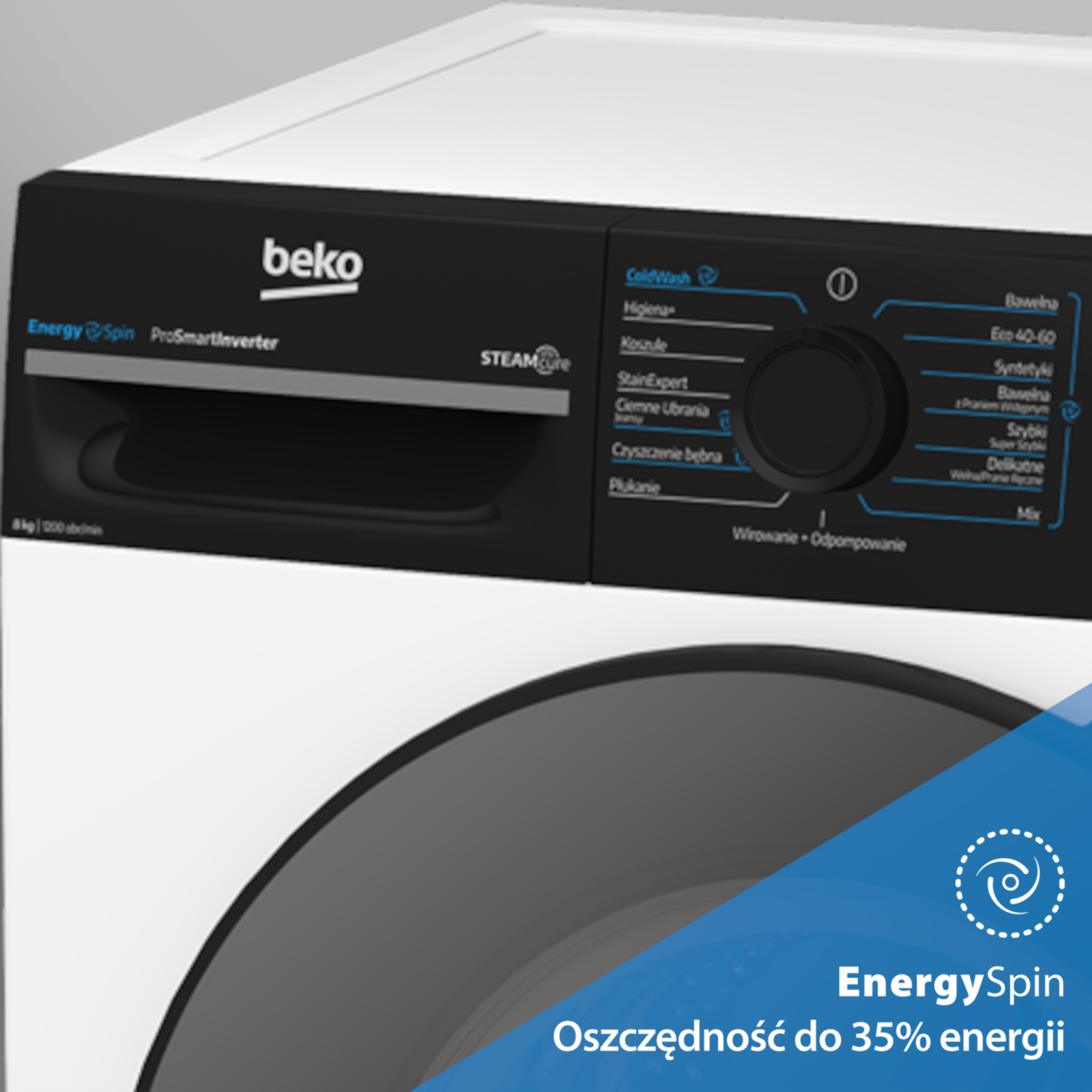 Panel sterowania pralki Beko z wyborem programów i ikoną oszczędzania energii.
