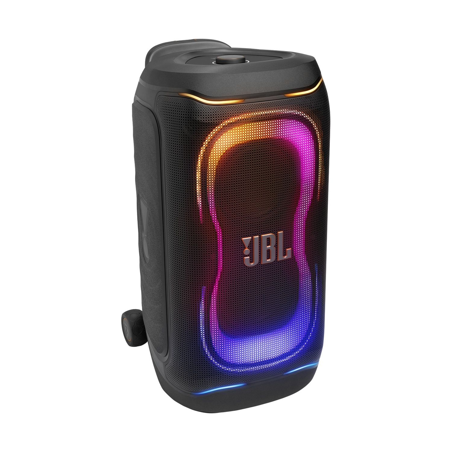 Altoparlante JBL nero con luci colorate, in piedi su sfondo bianco.