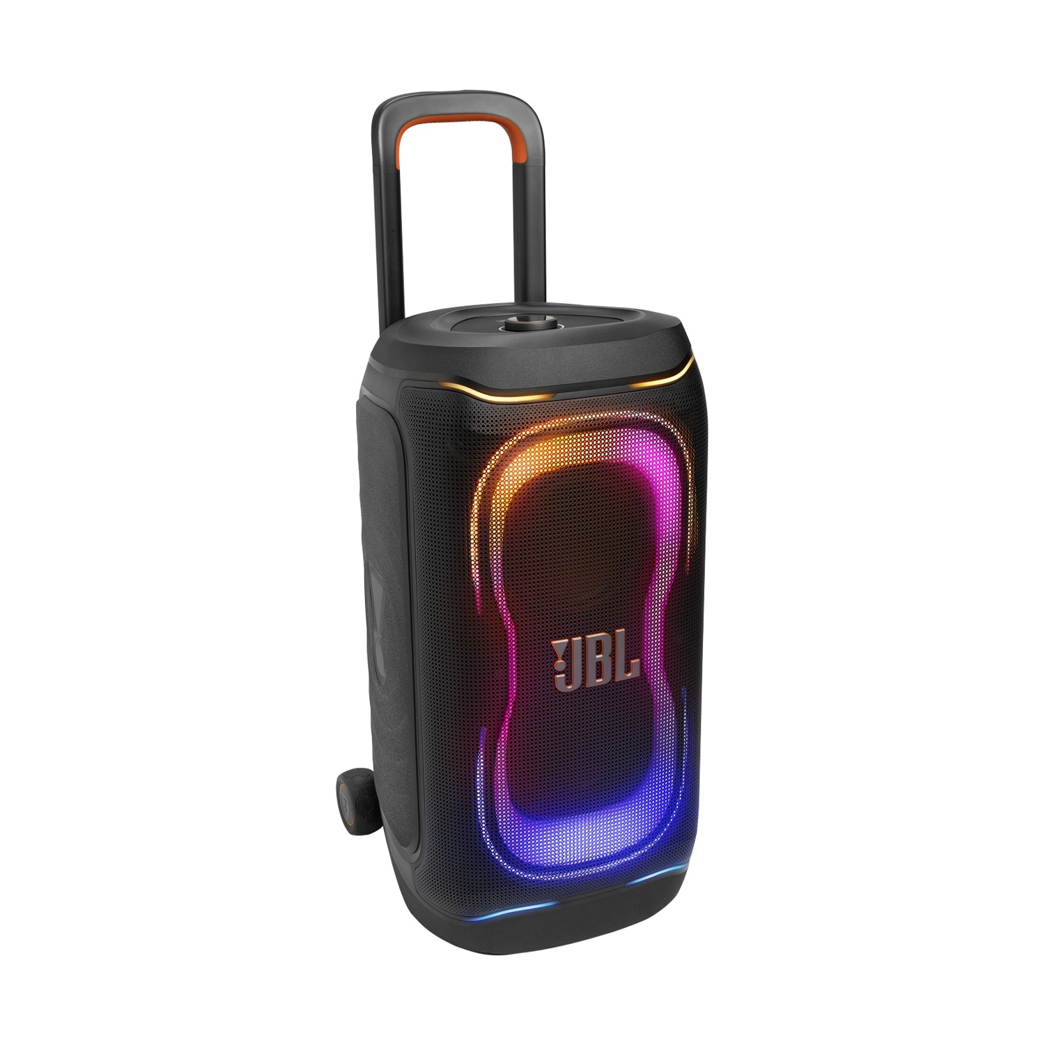 Altoparlante JBL portatile nero con luci, manico e ruote.