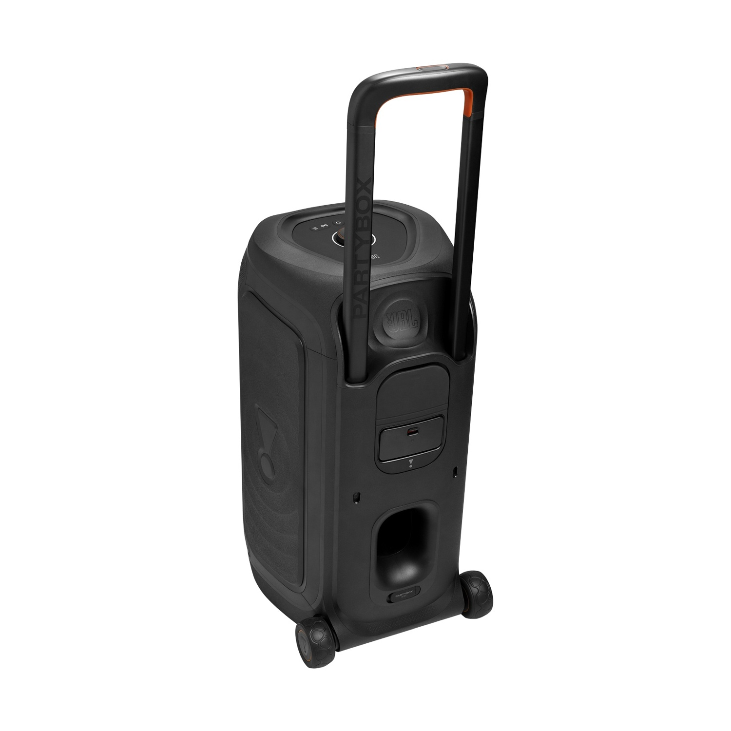 Cassa JBL portatile nera con ruote e maniglia estraibile.