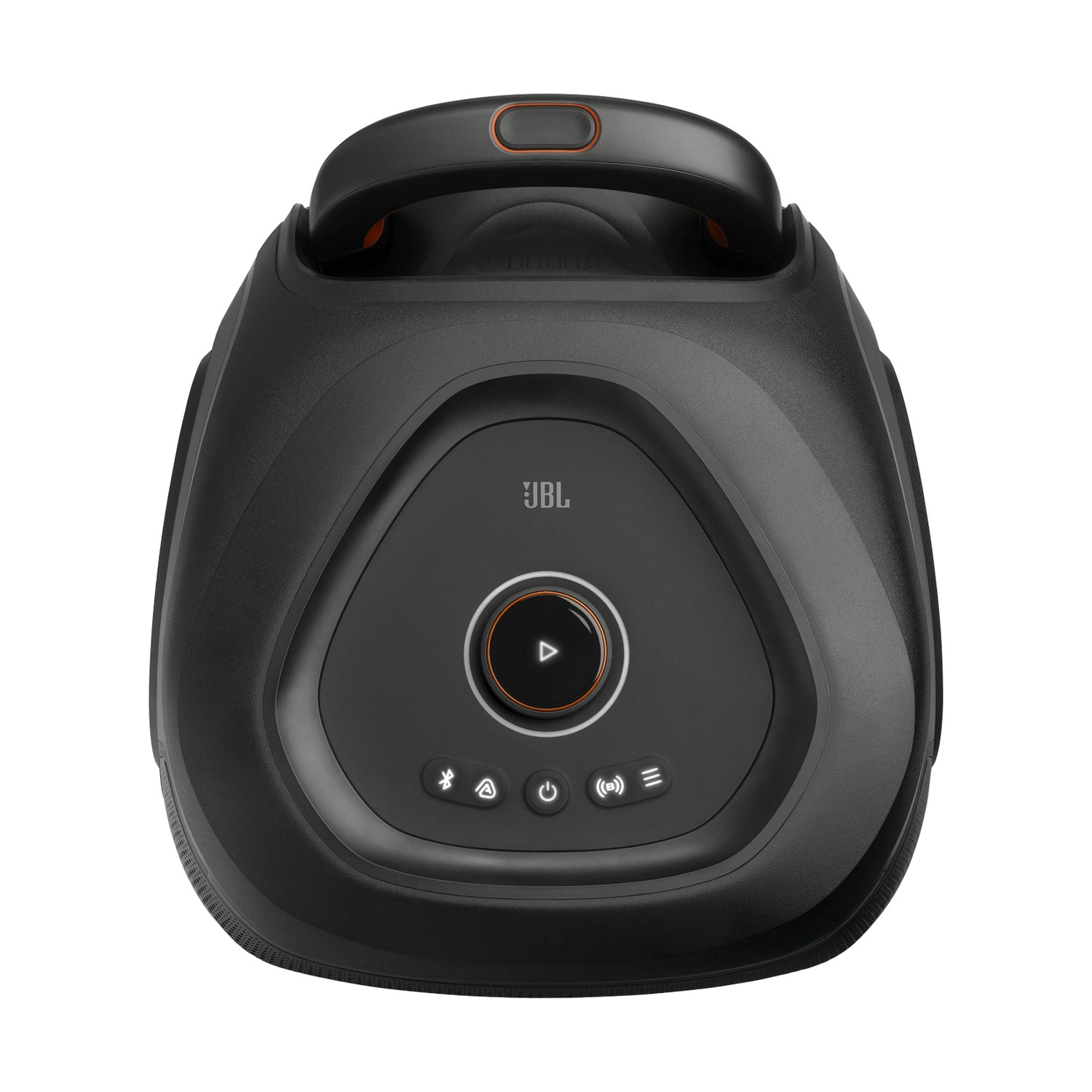 Altoparlante portatile JBL nero con manico e pulsanti di controllo frontali.
