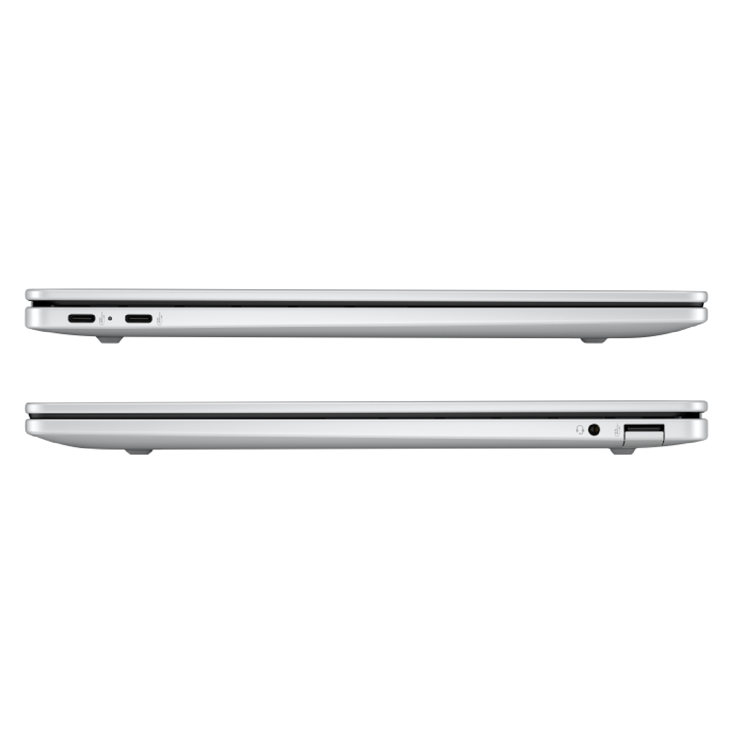 Portátil plateado de lado mostrando puertos: dos USB-C, toma de auriculares, lector de tarjetas SD.