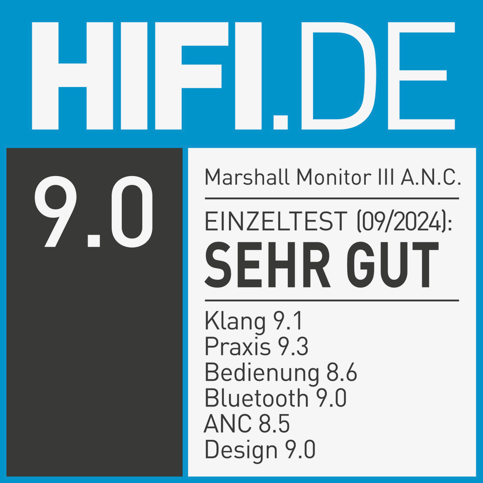 HIFI.DE Bewertung: 9.0 SEHR GUT f ür Marshall Monitor III A.N.C.