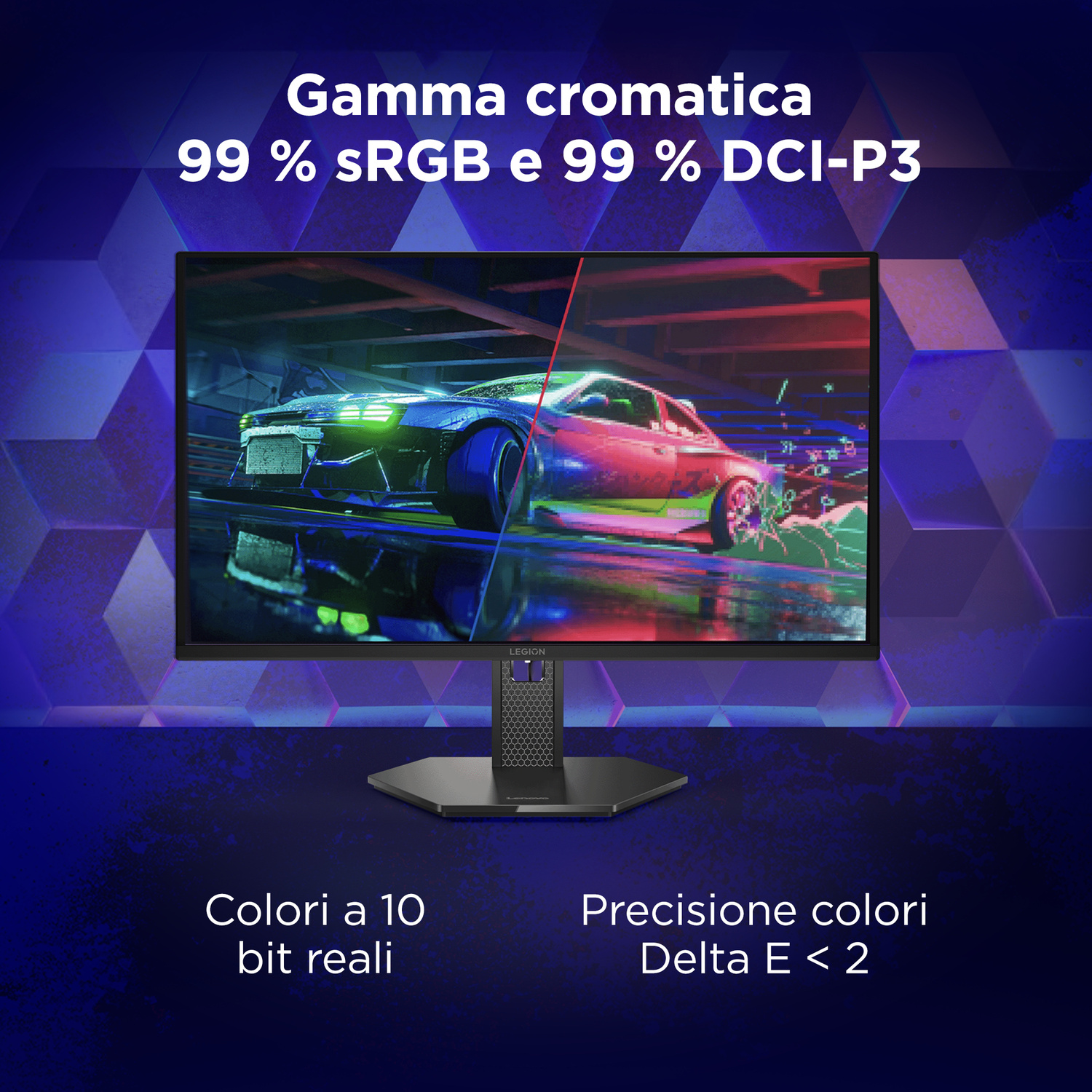 Un monitor mostra un'auto cyberpunk con 99% sRGB/DCI-P3, colori a 10 bit.