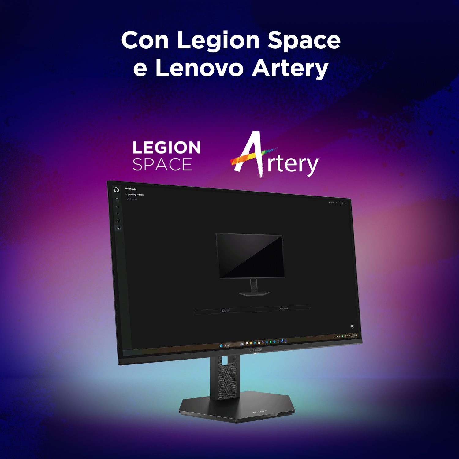 Un monitor gaming Lenovo che mostra i loghi Legion Space e Lenovo Artery.