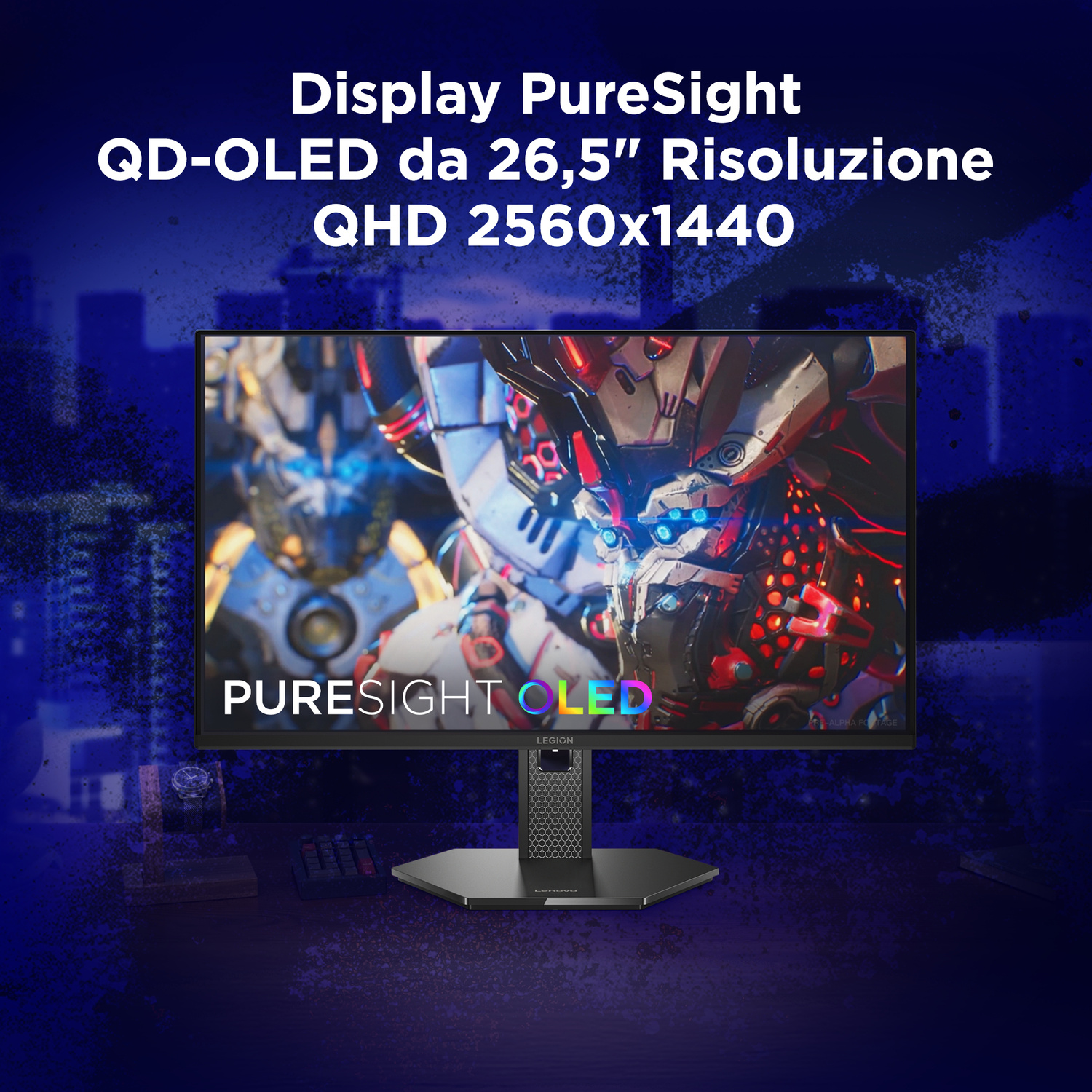 Un monitor gaming con scritta Puresight OLED e immagine di robot.